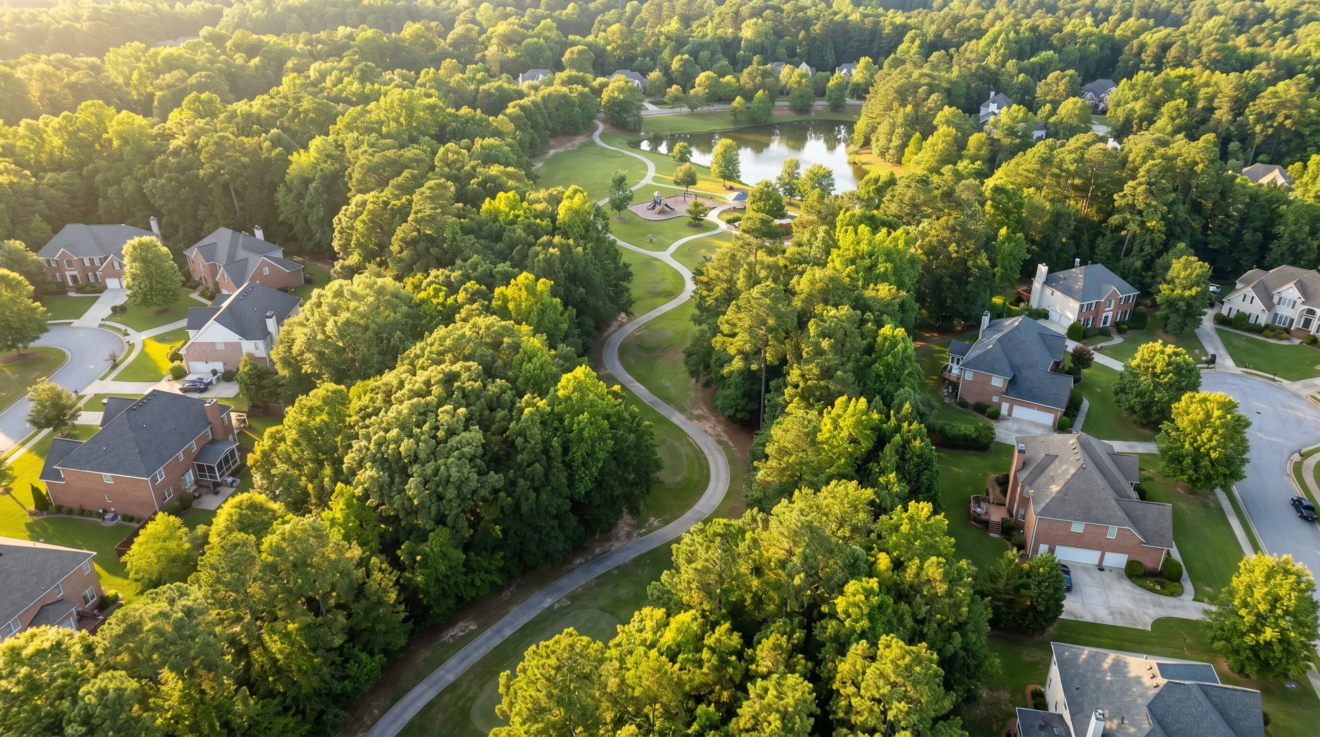 Aerial view of Peachtree City neighborhood with golf cart paths