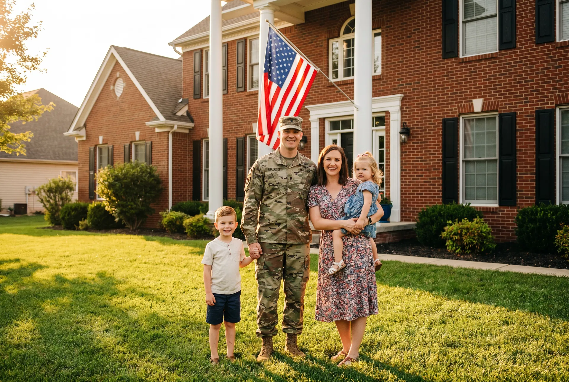 Military family in front of their new home in Newnan Georgia