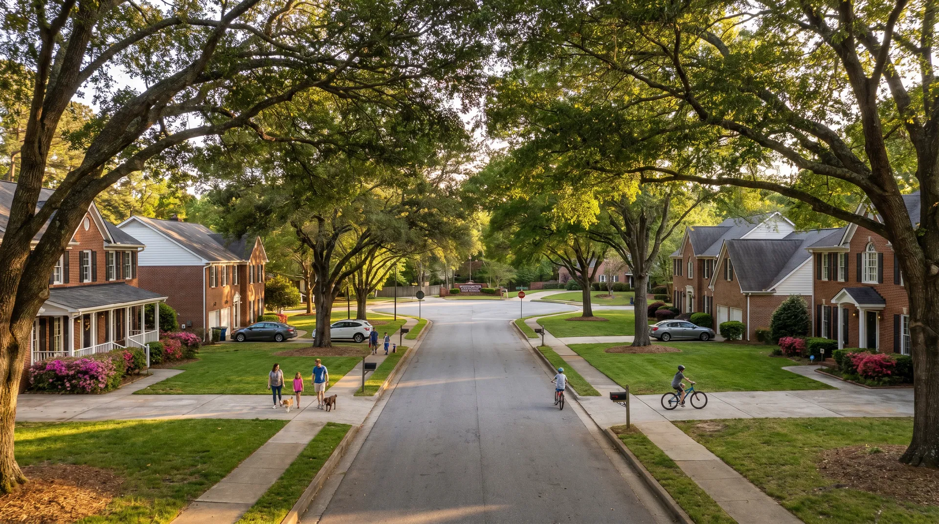 Tree-lined residential street near Whitewater High School in Fayetteville, GA