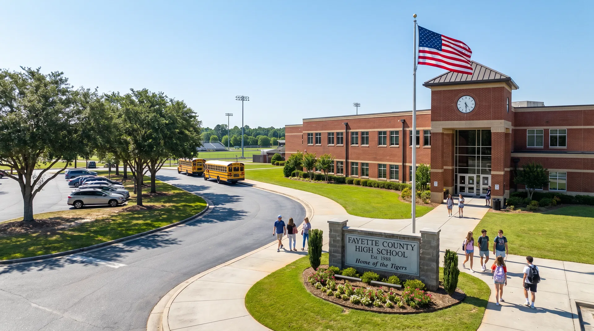 Fayette County high school campus with athletic fields and American flag in Fayetteville, GA