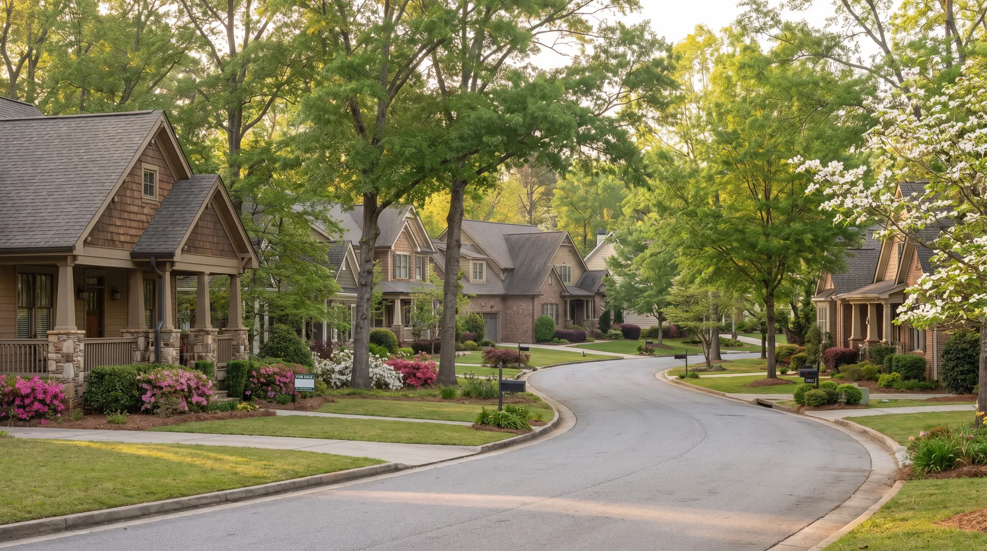 Tree-lined craftsman street in Wilksmoor neighborhood, Peachtree City, GA