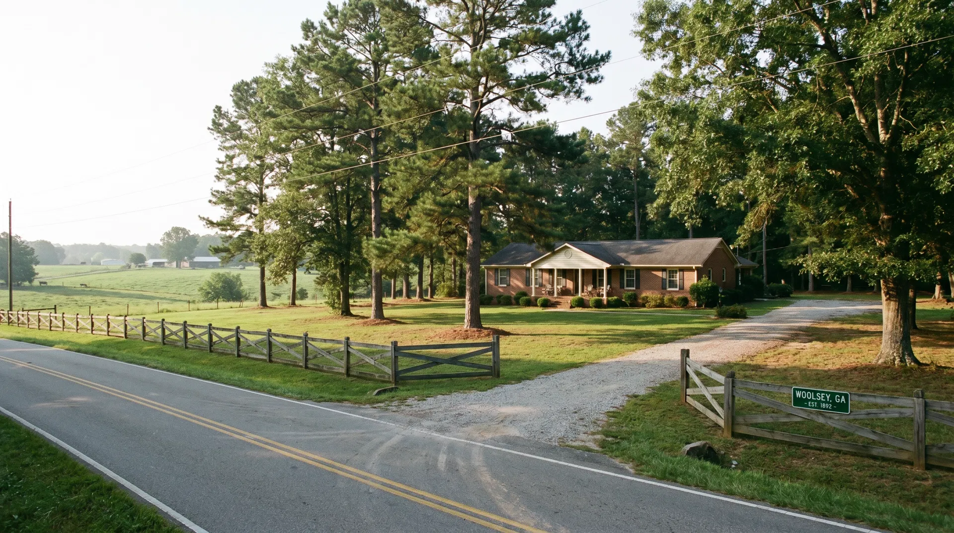 Quiet rural road with brick ranch home and wooden fence in Woolsey, Fayette County, GA