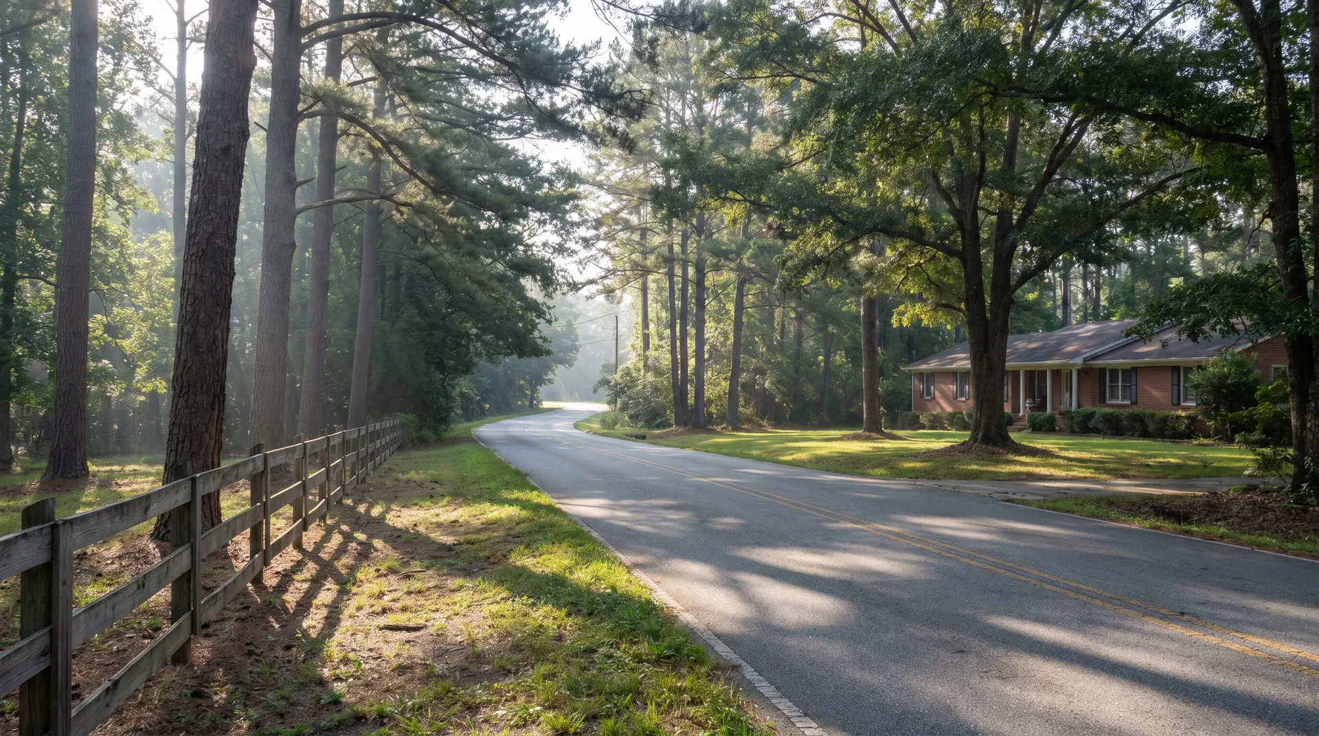 Scenic rural road winding through Georgia pine and hardwood forest in Woolsey, Fayette County