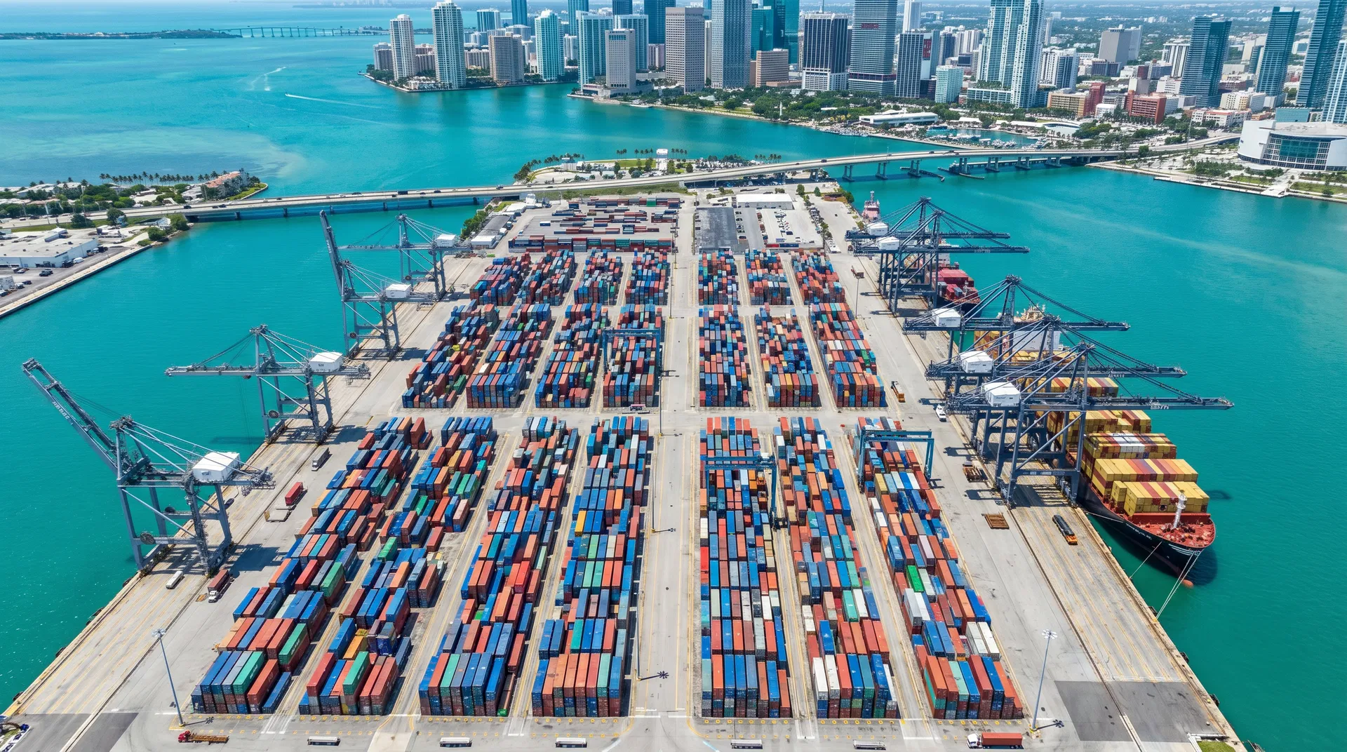 Aerial view of Port of Miami container terminal with shipping containers and cranes