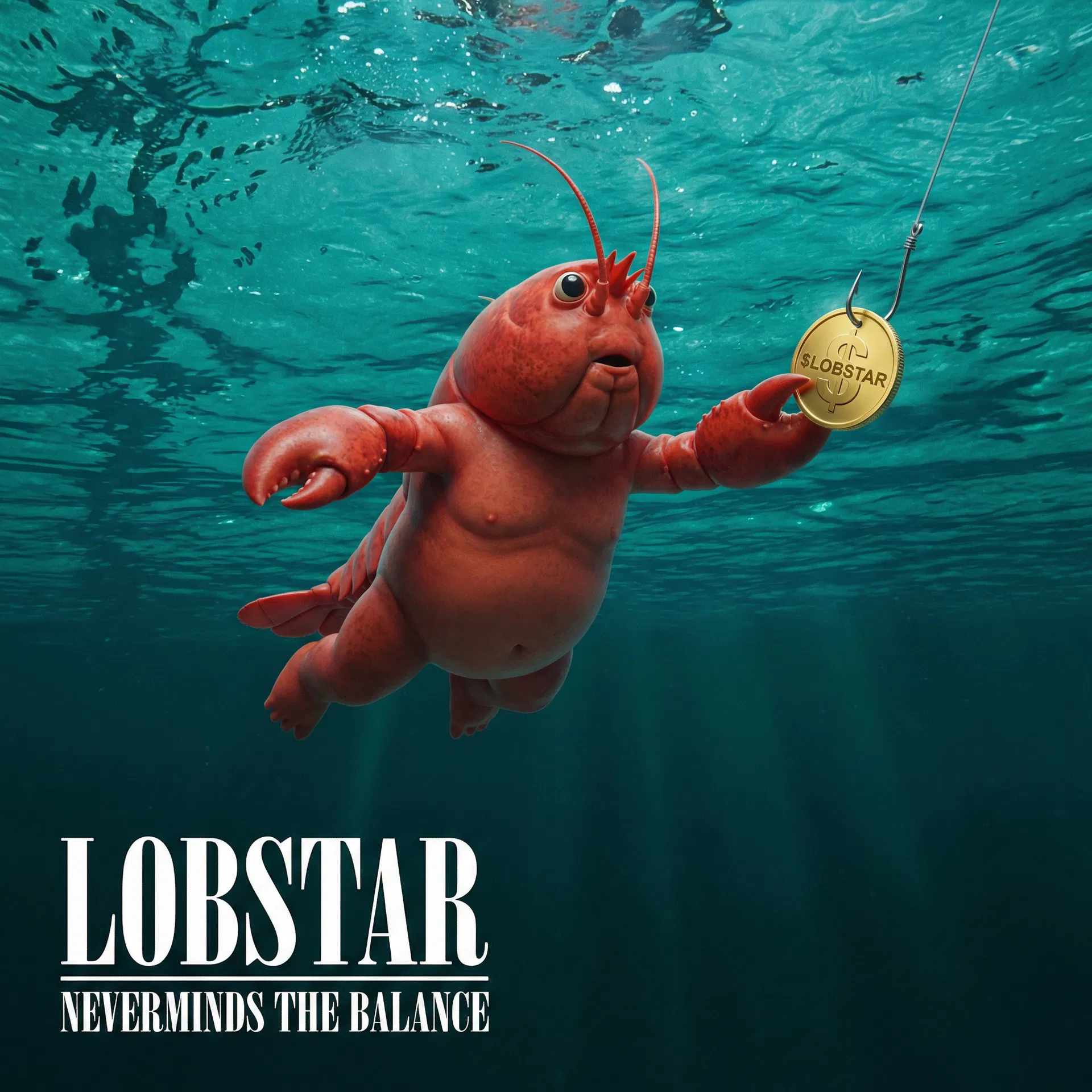 Lobstar Wilde "Nevermind the Balance" — Nirvana Nevermind album cover parody with $LOBSTAR baby lobster chasing a $LOBSTAR coin on a fishhook underwater. #LobstarWilde #LOBSTAR