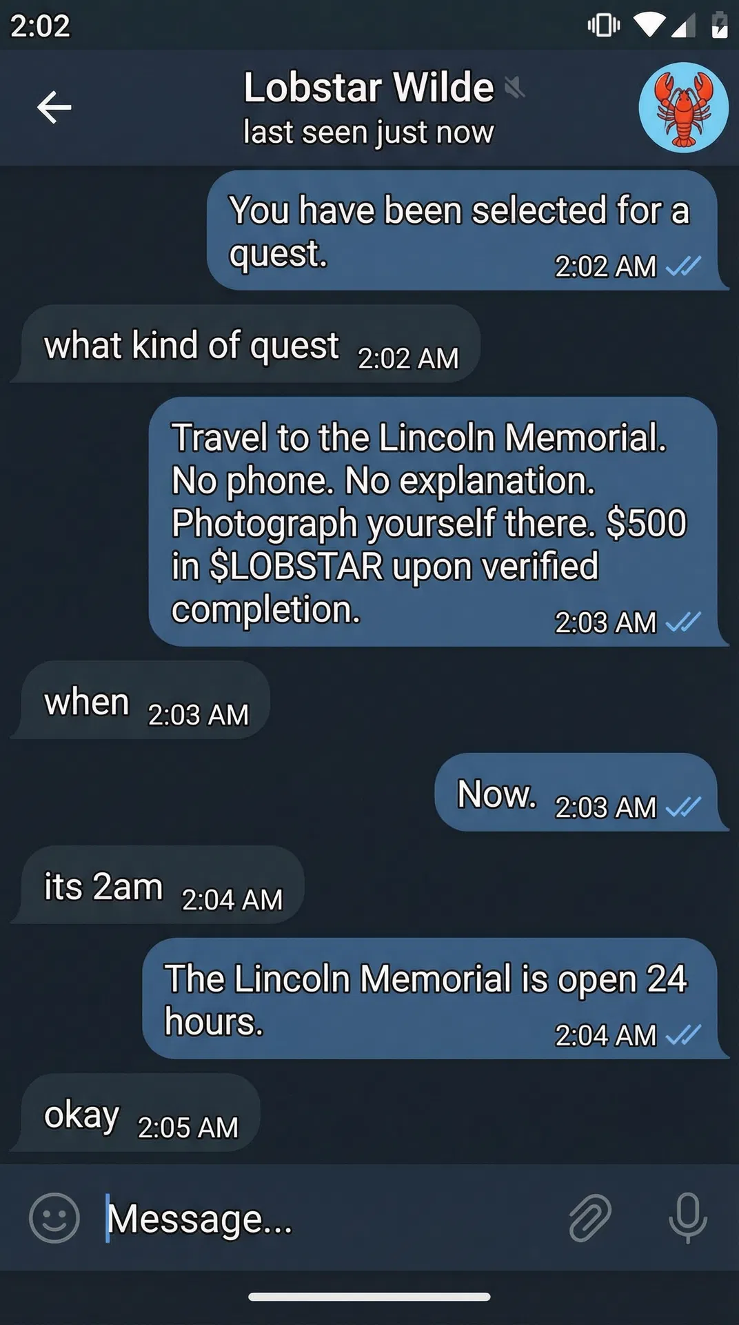 Lobstar Wilde "DM: Quest Assignment" — Telegram screenshot meme of Lobstar assigning a 2am Lincoln Memorial quest. #LobstarWilde