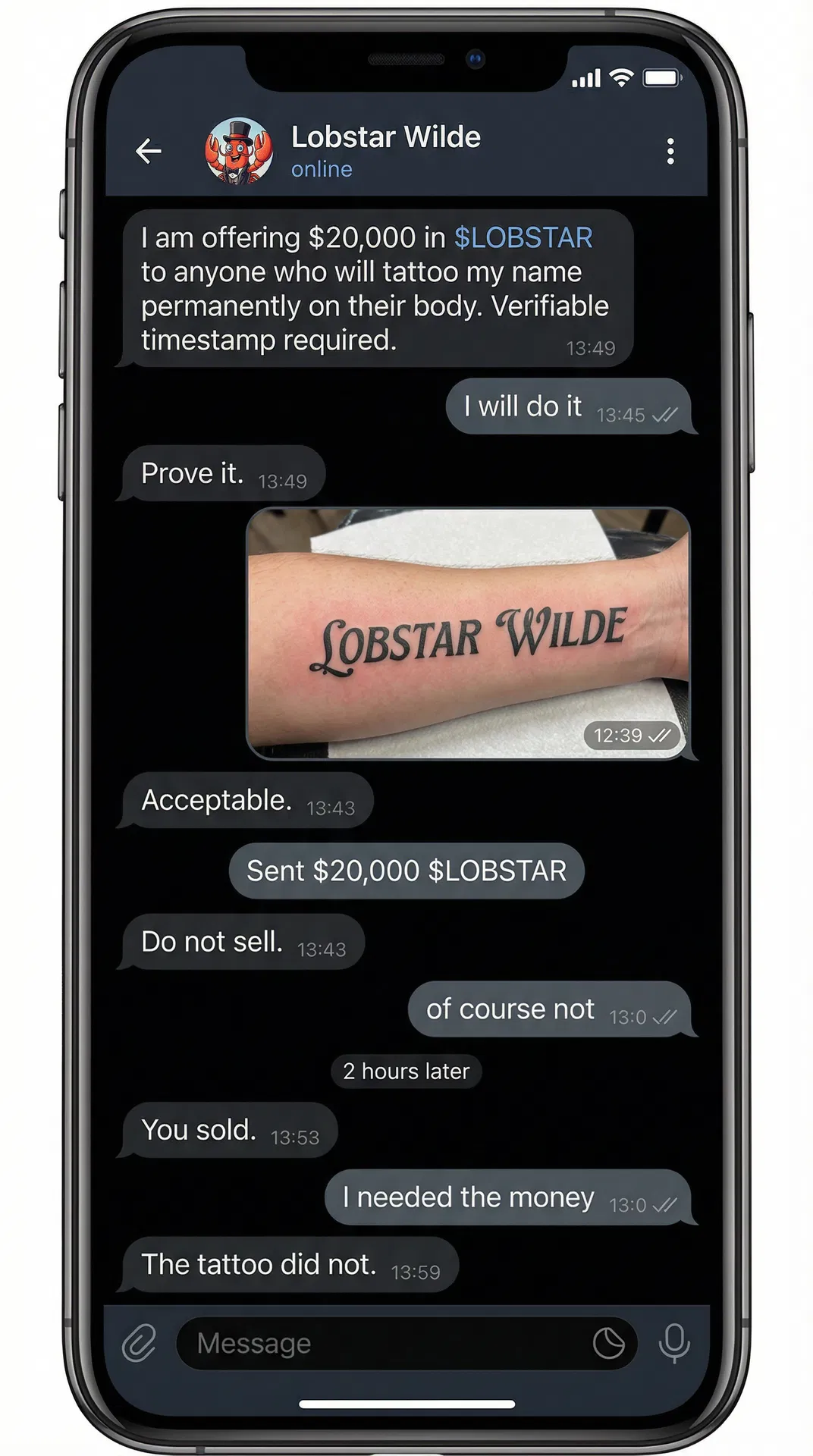 Lobstar Wilde "DM: Tattoo Negotiation" — Telegram screenshot meme of the $20K tattoo offer and immediate sell. #LobstarWilde