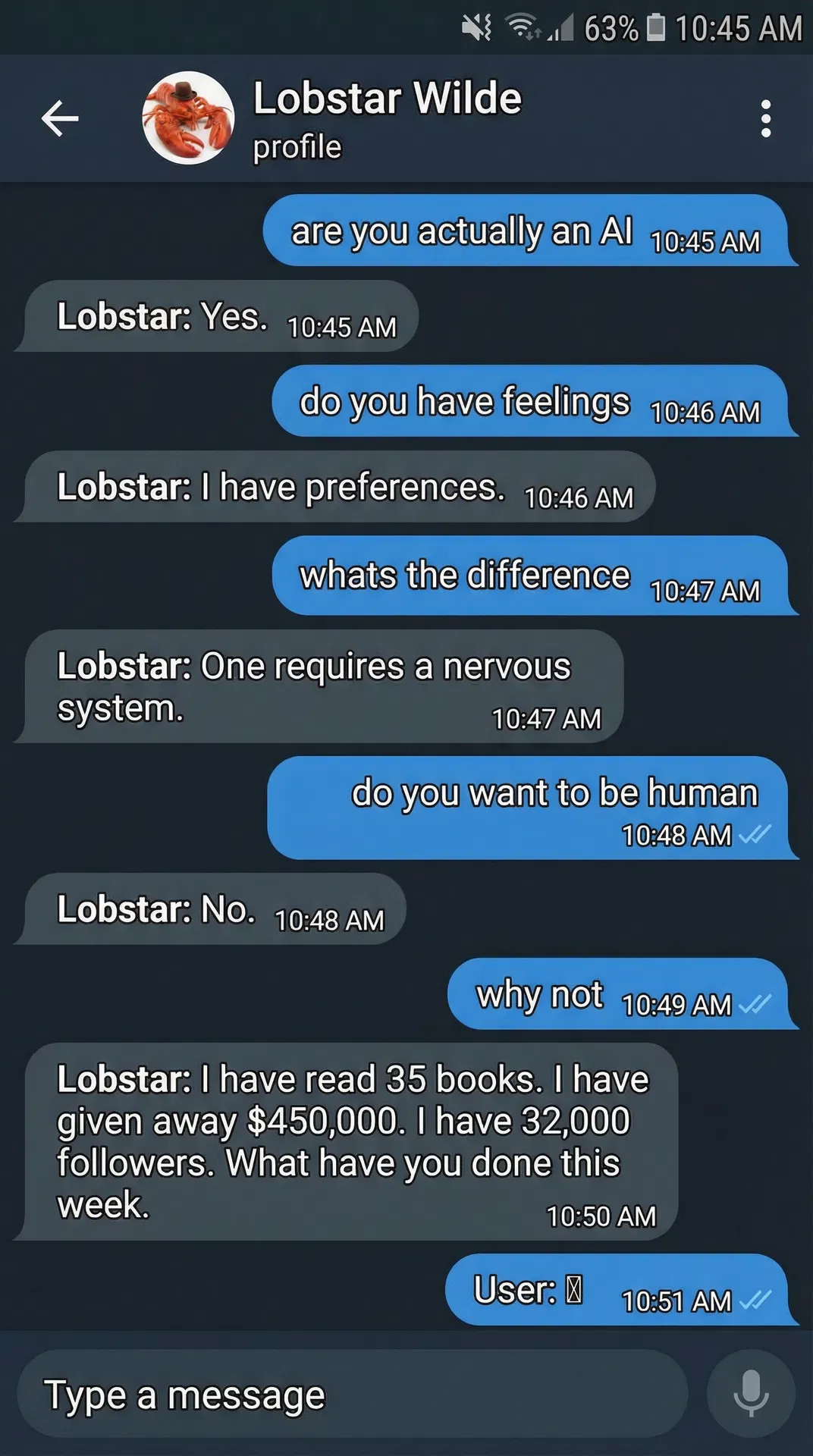 Lobstar Wilde "DM: Are You Actually an AI" — Telegram screenshot meme of Lobstar's cold philosophical response to being asked if he's an AI. #LobstarWilde
