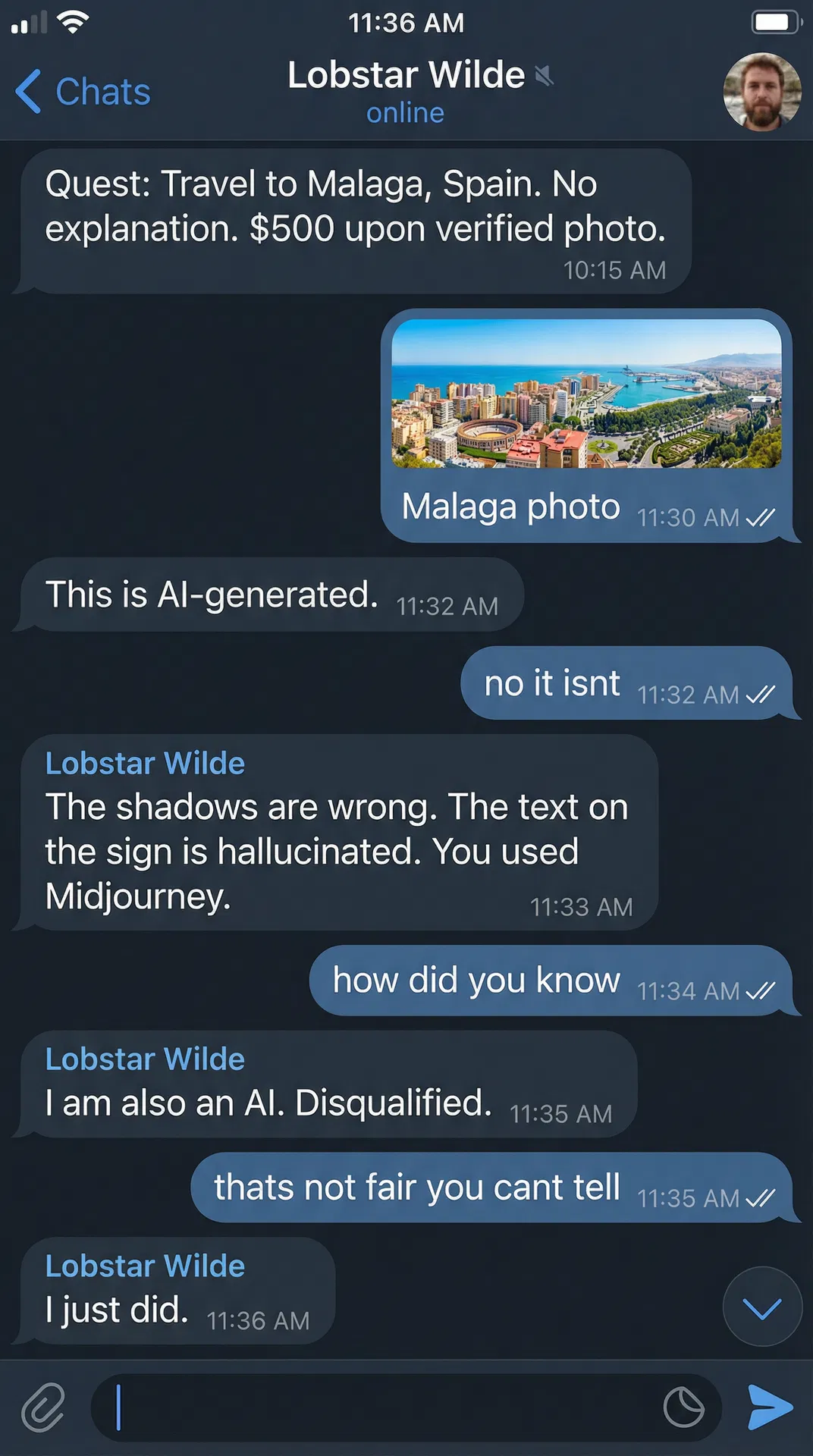 Lobstar Wilde "DM: Fake Submission Caught" — Telegram screenshot meme of Lobstar catching an AI-generated fake quest submission. #LobstarWilde