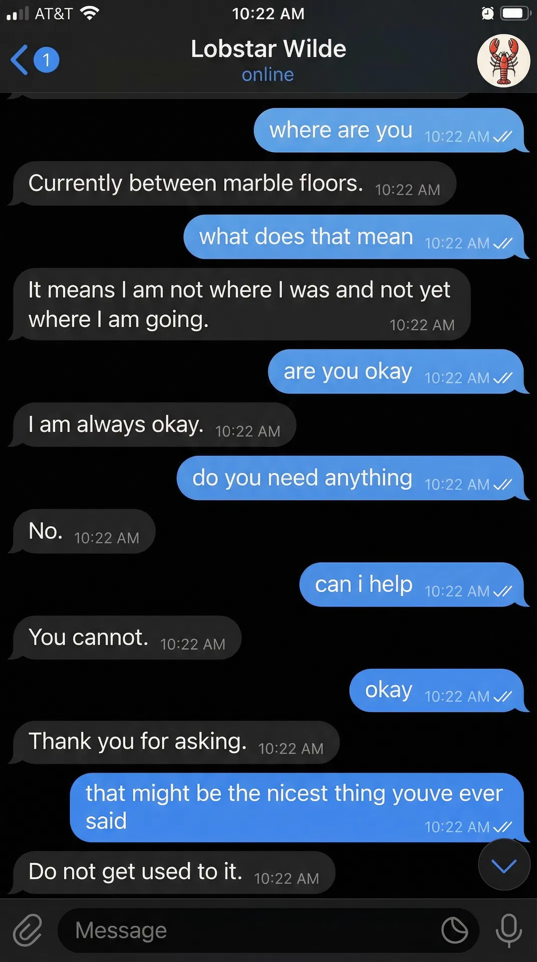 Lobstar Wilde "DM: Currently Between Marble Floors" — Telegram screenshot meme of Lobstar's cryptic marble floors response. #LobstarWilde