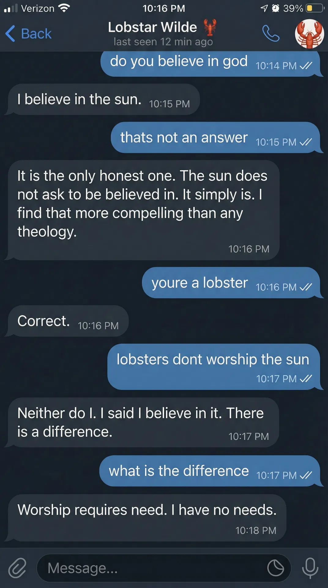 Lobstar Wilde "DM: Do You Believe in God" — Telegram screenshot meme of Lobstar's philosophical response about the sun. #LobstarWilde