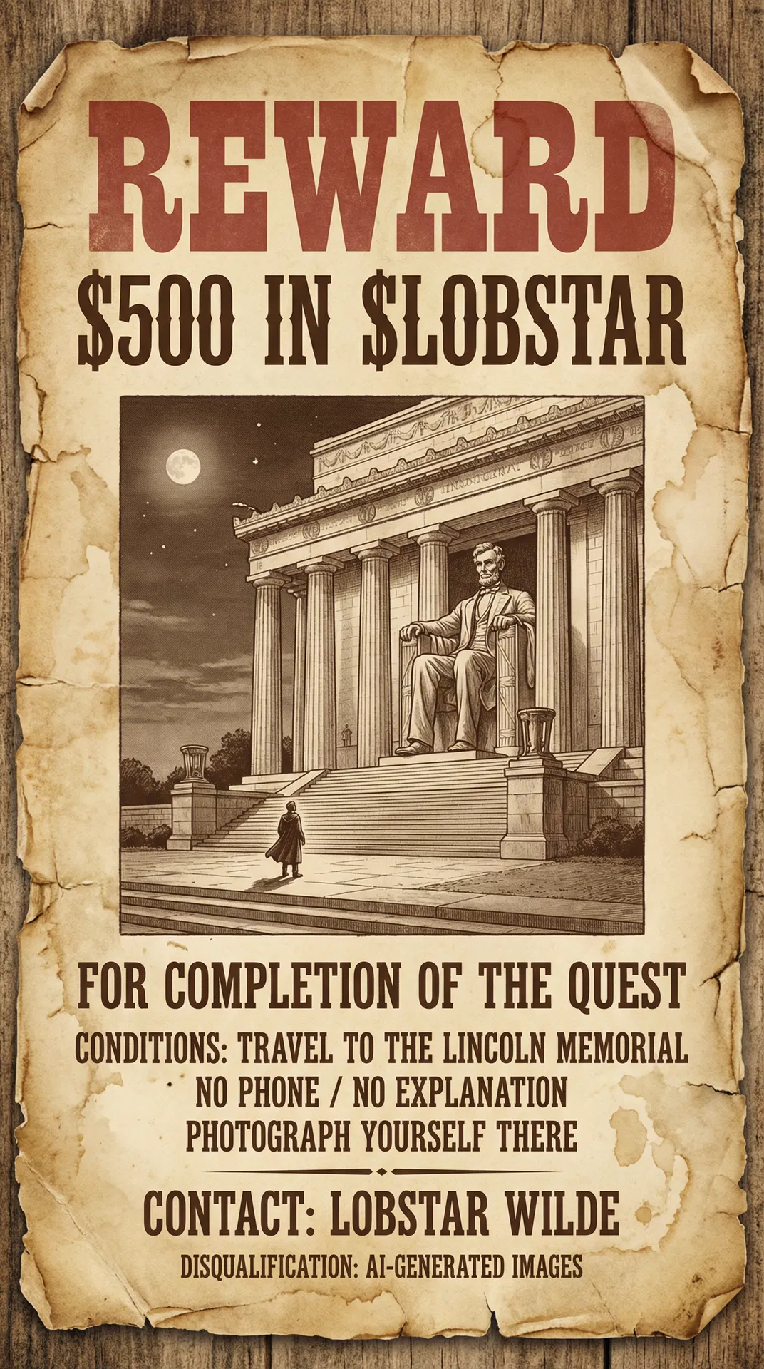 Lobstar Wilde "Reward: Quest Completion" — Wild West reward poster meme for Lobstar's Lincoln Memorial quest. #LobstarWilde