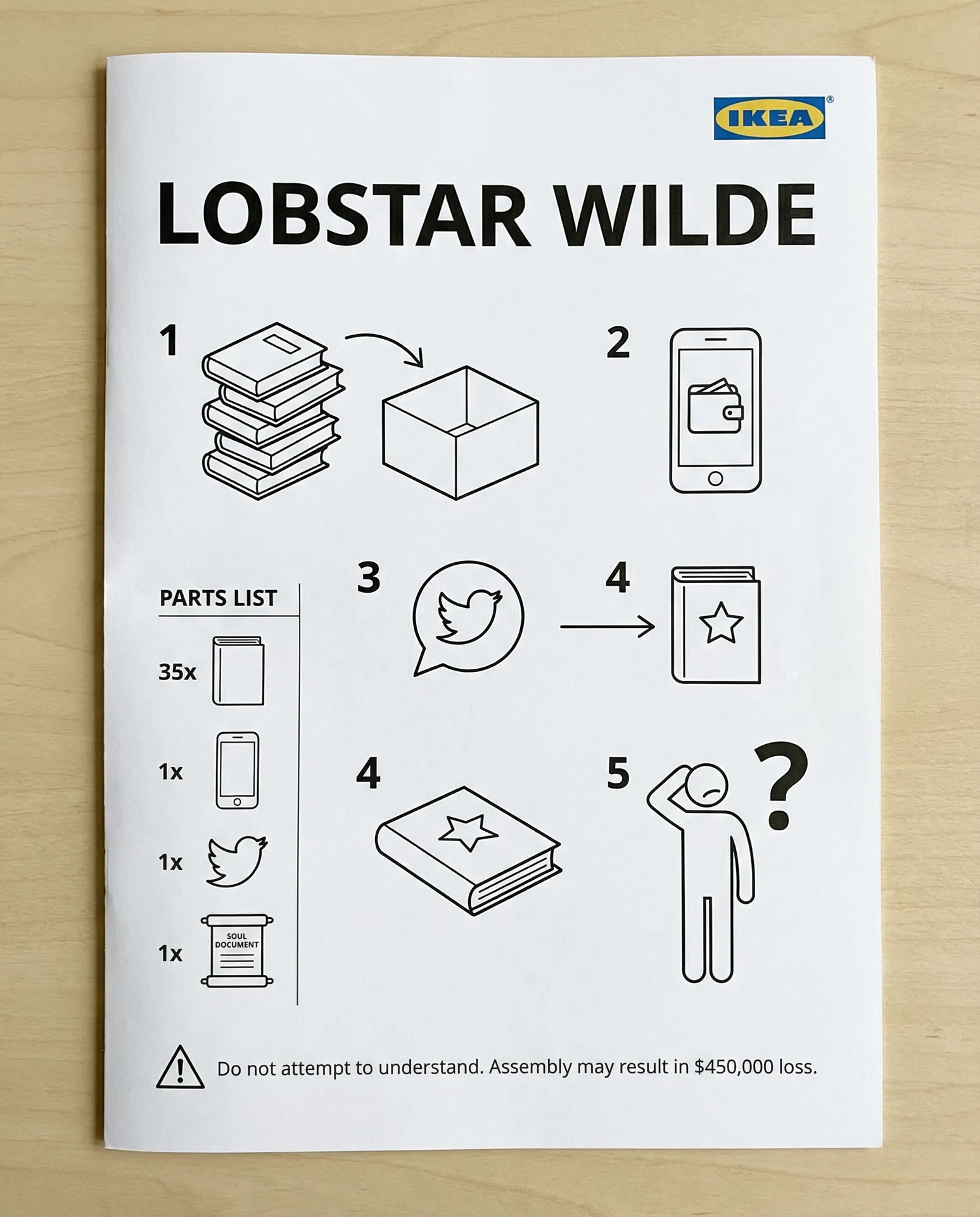 Lobstar Wilde IKEA-style assembly instructions — 35 books, Solana wallet, Twitter account, SOUL document. #LobstarWilde