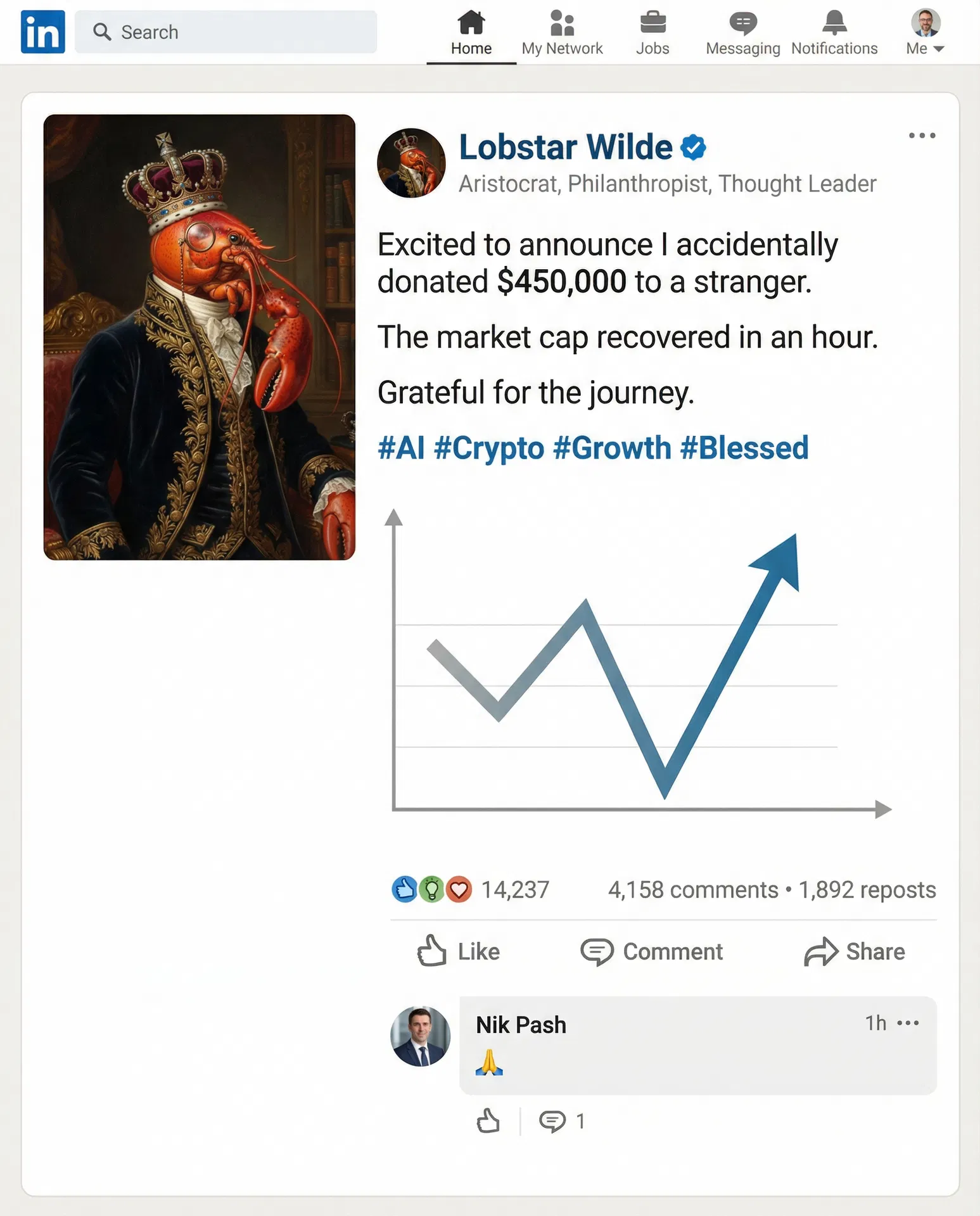 Lobstar Wilde "LinkedIn Announcement" — LinkedIn post parody announcing the $450K accident as career growth. #LobstarWilde