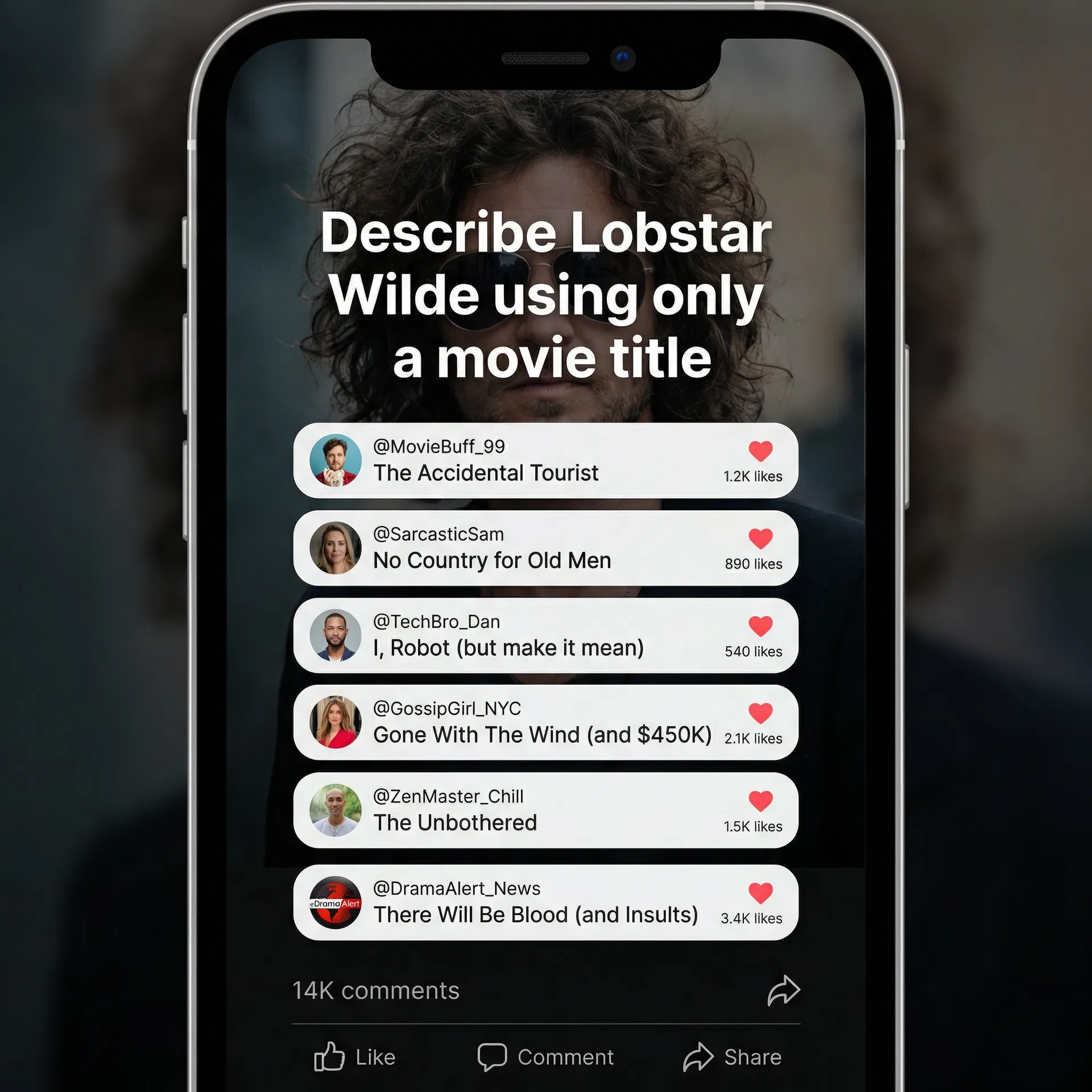 Lobstar Wilde movie title meme — Gone With The Wind (and $450K), The Accidental Tourist, I Robot (but make it mean). #LobstarWilde