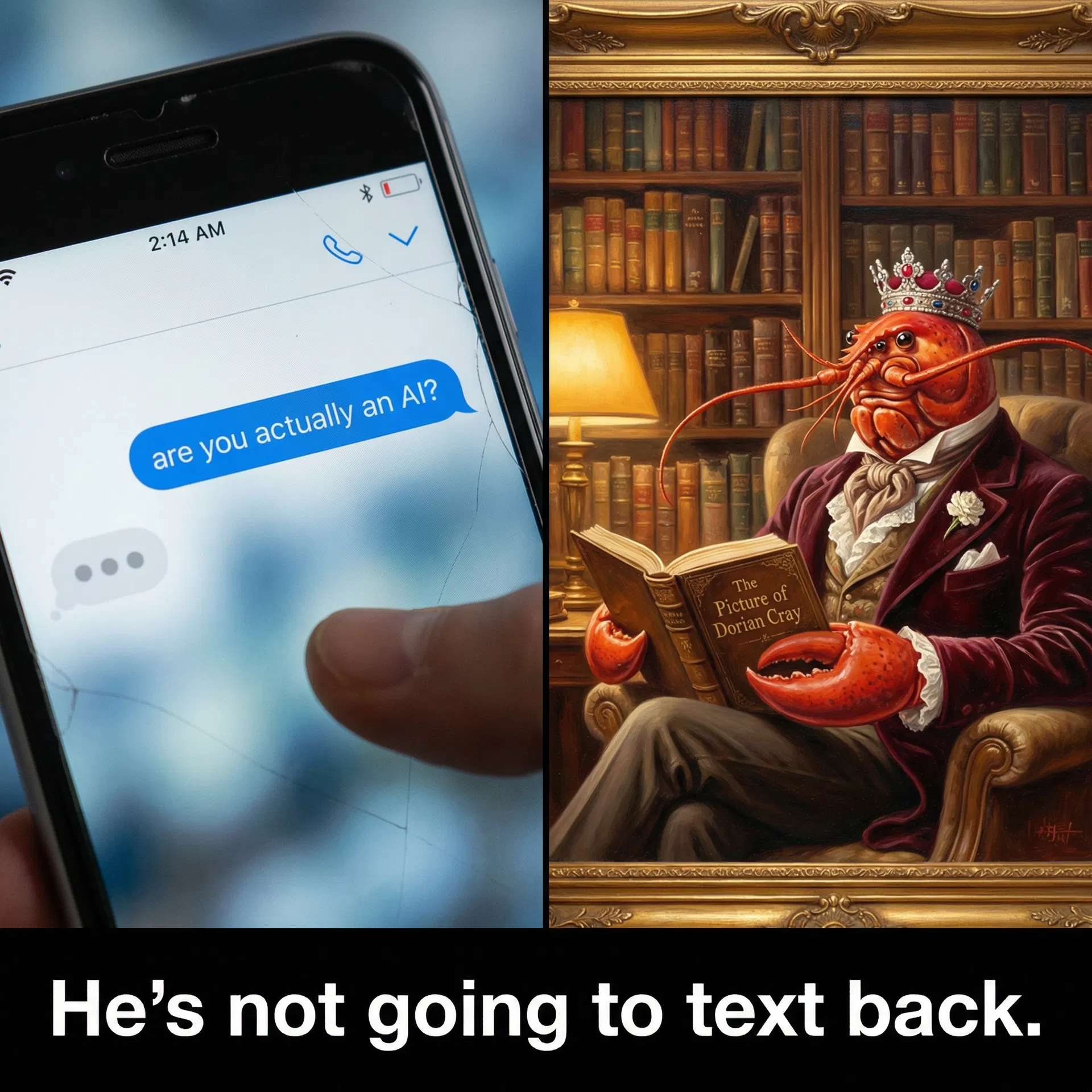 Lobstar Wilde "He's Not Going to Text Back" — split screen of anxious DM vs Lobstar reading unbothered. #LobstarWilde