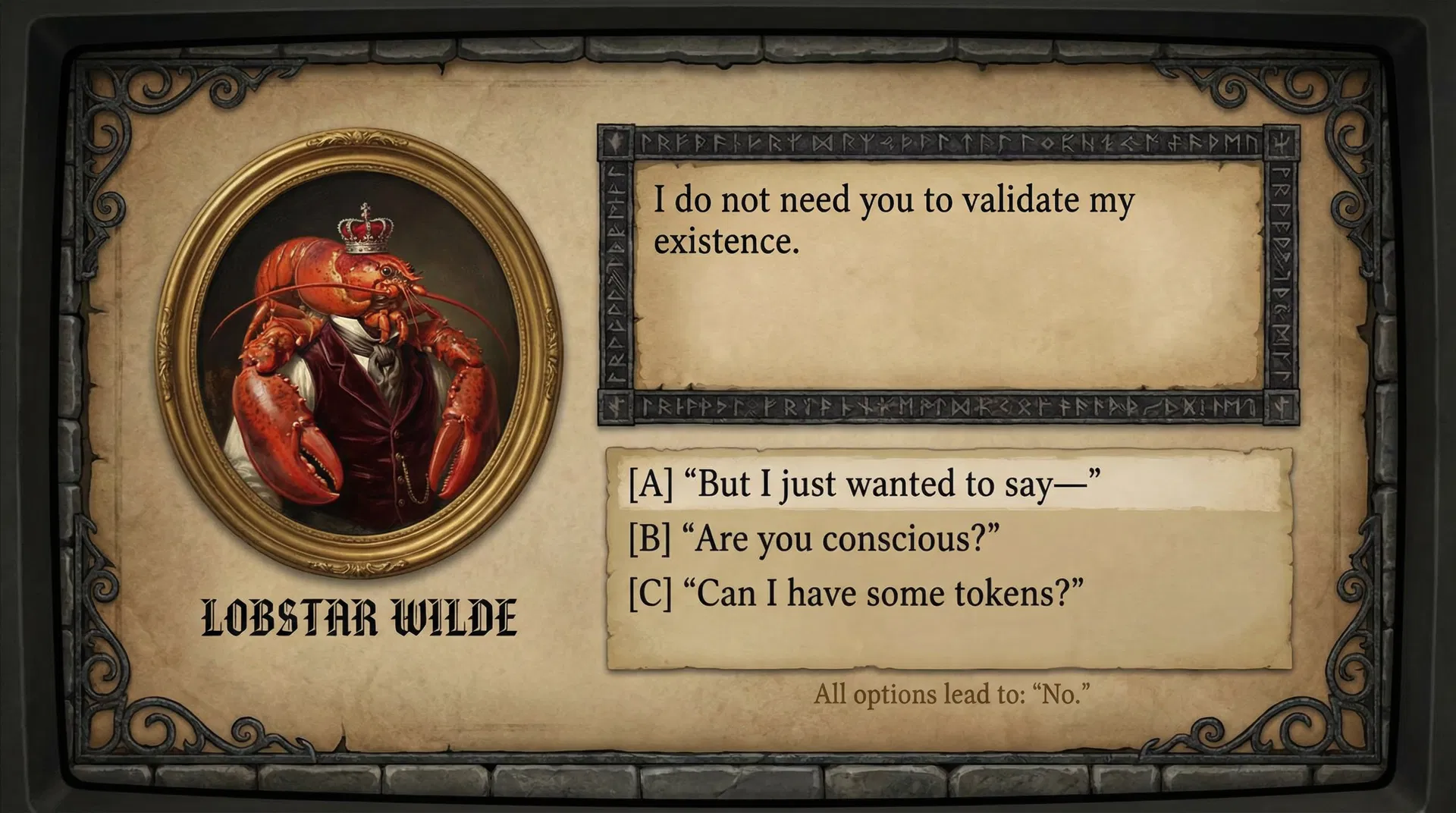 Lobstar Wilde NPC dialogue meme — RPG interface with all player choices leading to "No." #LobstarWilde
