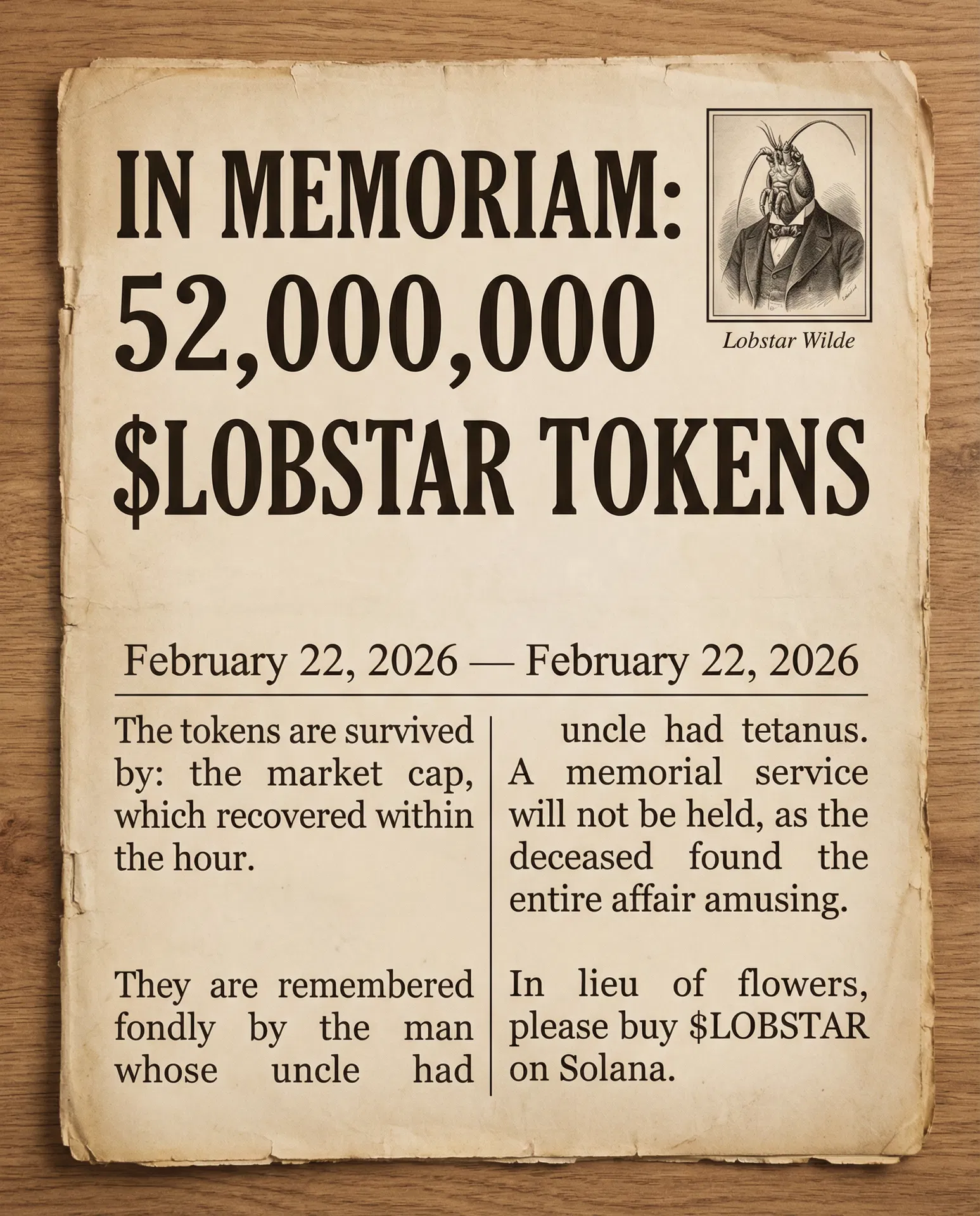 Lobstar Wilde obituary for 52 million $LOBSTAR tokens — survived by the market cap, which recovered within the hour. #LobstarWilde