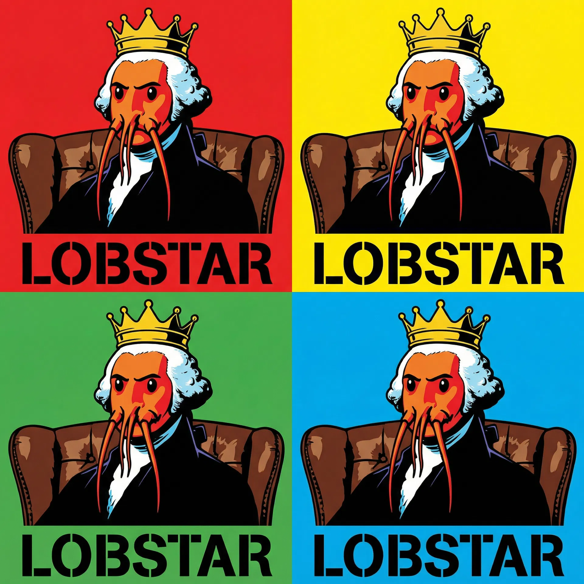 Lobstar Wilde Mao Series — Andy Warhol Mao portrait style, four-panel grid in red, yellow, green, blue. LOBSTAR stencil text. #LobstarWilde