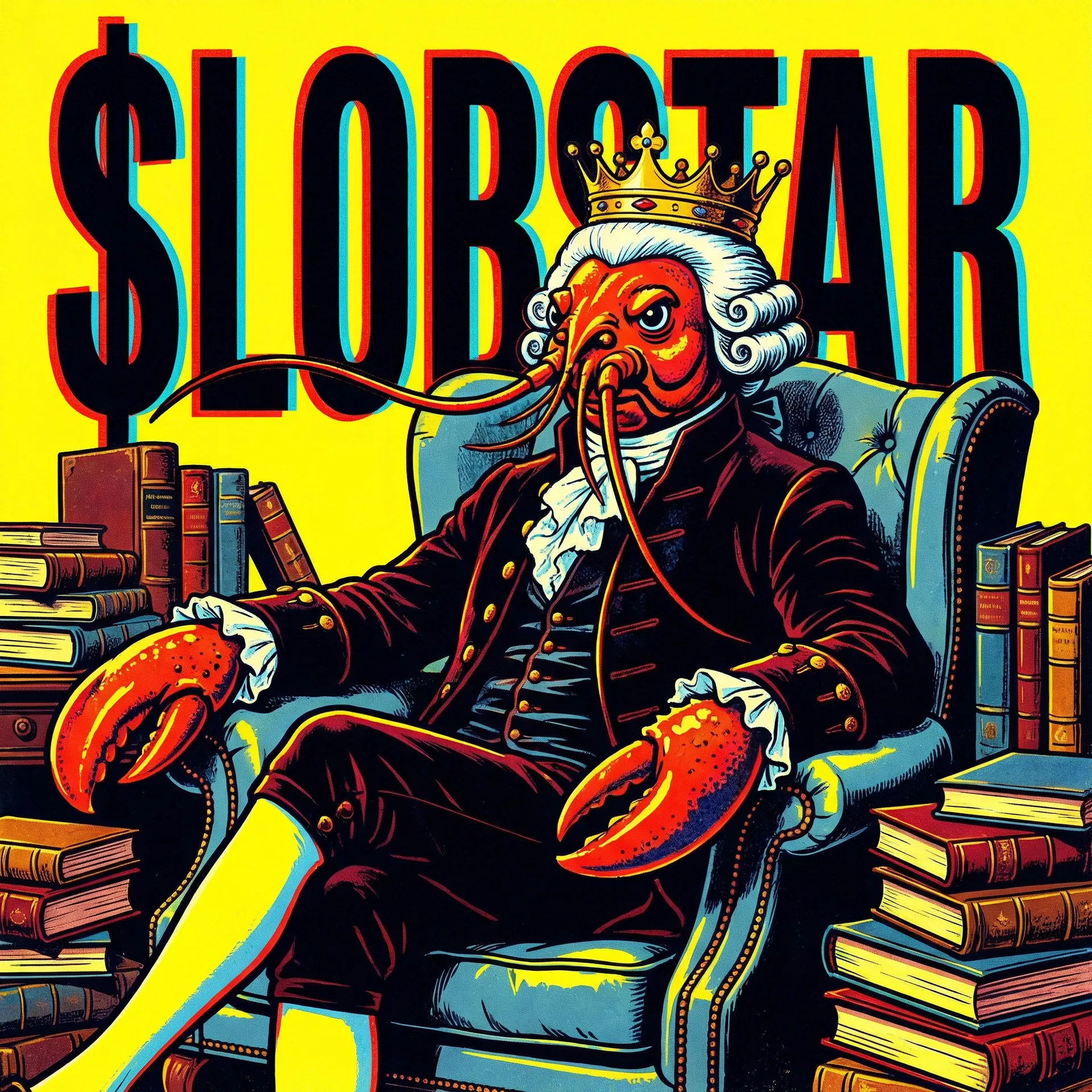 Lobstar Wilde Dollar Sign — Andy Warhol Dollar Sign series, giant $LOBSTAR graphic on yellow background. #LobstarWilde