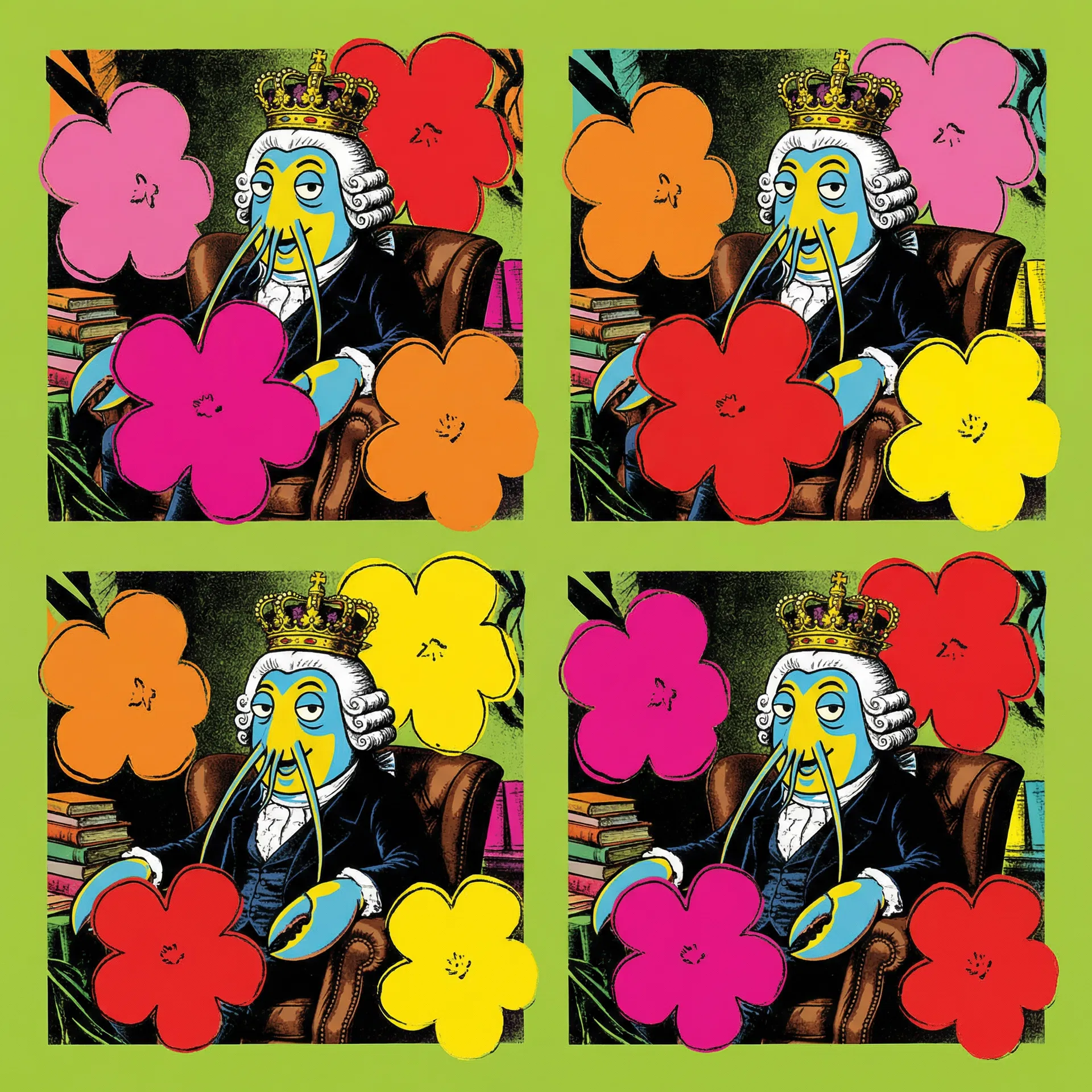 Lobstar Wilde Flowers — Andy Warhol Flowers series, lime green background with hot pink, orange, yellow, red flat graphic flowers. #LobstarWilde