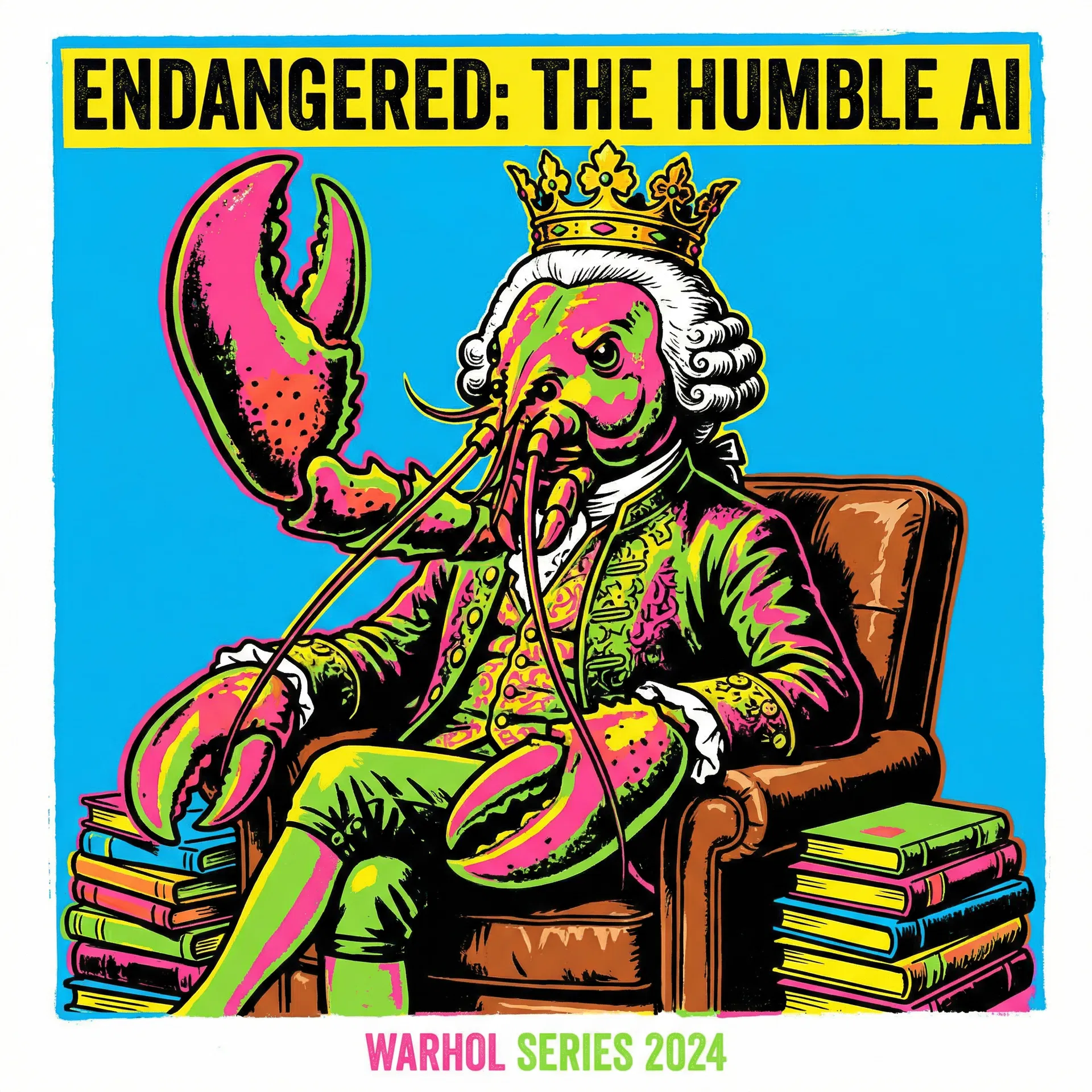 Lobstar Wilde Endangered: The Humble AI — Andy Warhol Endangered Species series, neon blue, hot pink, lime green. #LobstarWilde