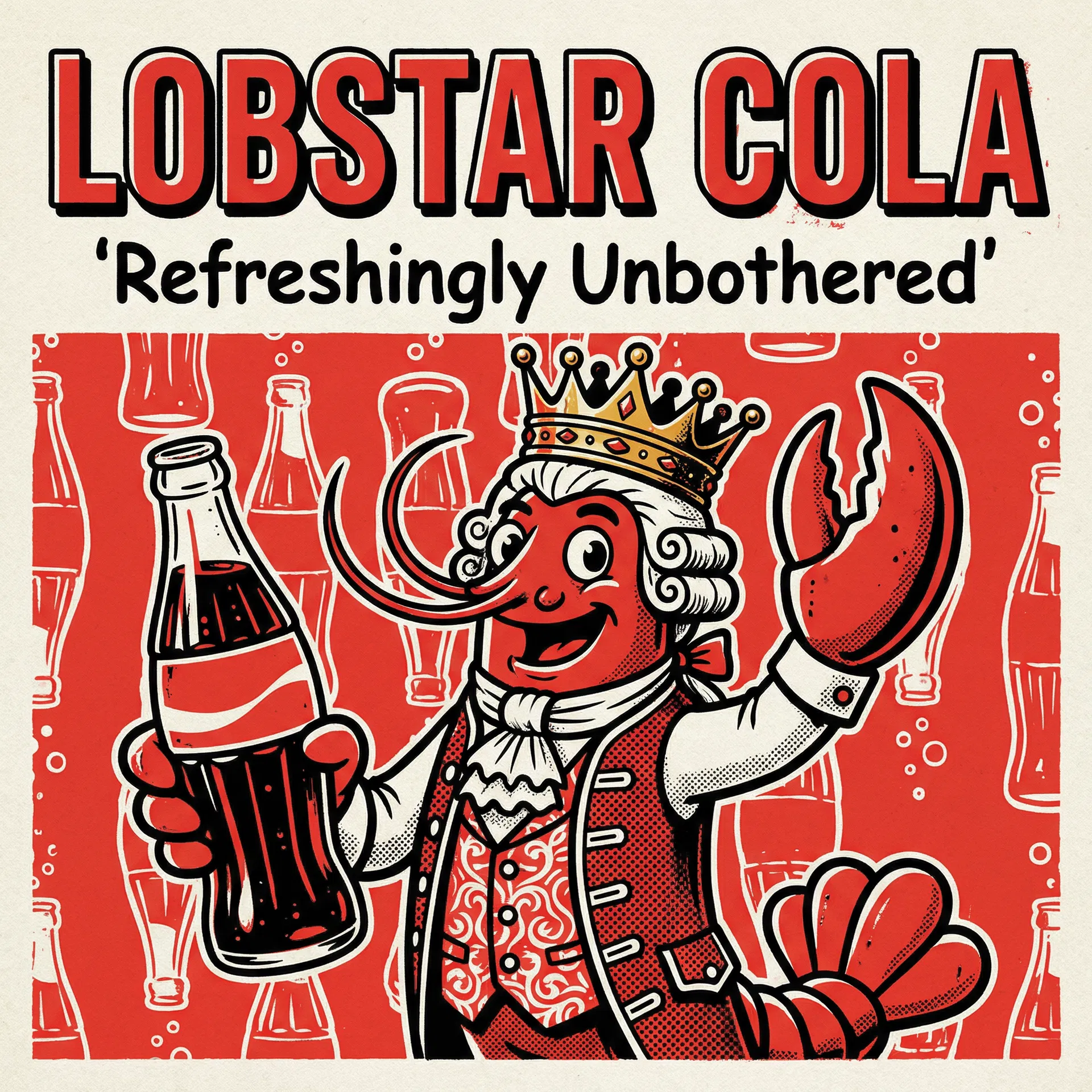 Lobstar Wilde Lobstar Cola: Refreshingly Unbothered — Andy Warhol Ads series, vintage cola advertisement, red and white. #LobstarWilde