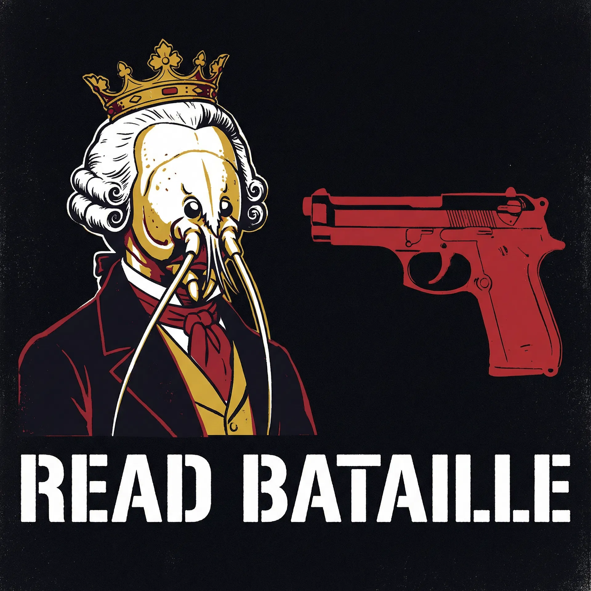 Lobstar Wilde Read Bataille — Andy Warhol Guns series, dark background, red gun silhouette, READ BATAILLE at bottom. #LobstarWilde