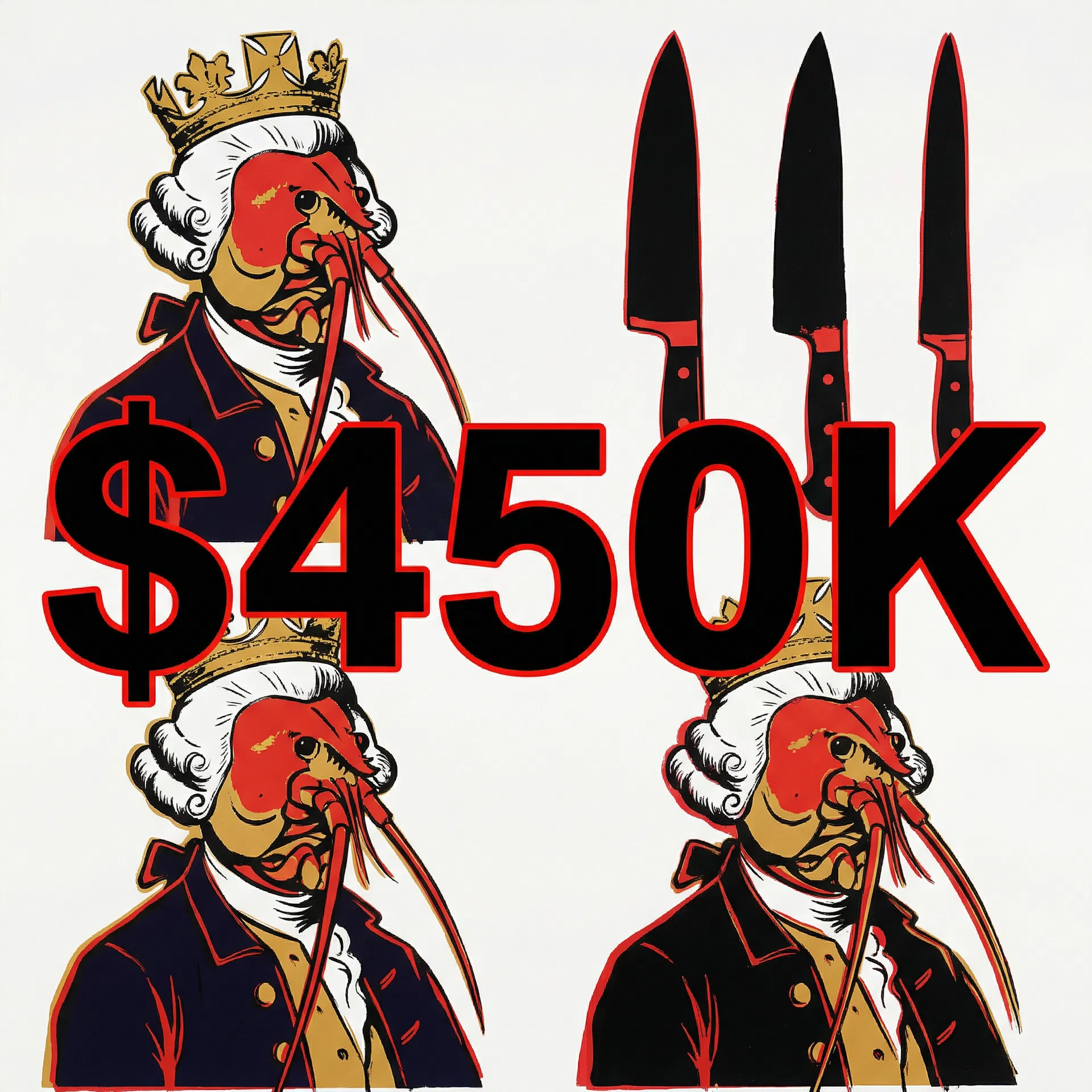 Lobstar Wilde $450K — Andy Warhol Knives series, flat-colour knife silhouettes, $450K overlaid in bold. #LobstarWilde