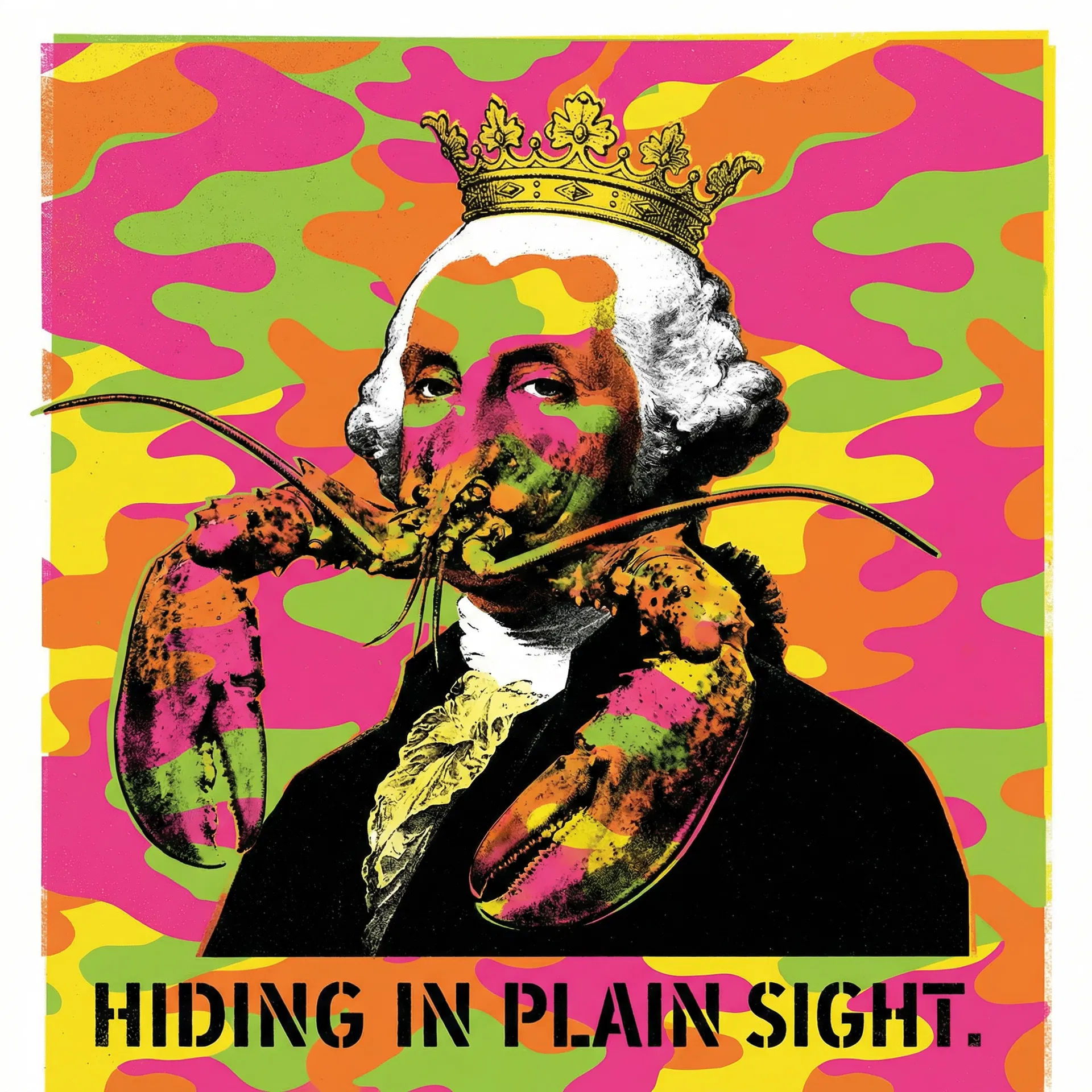 Lobstar Wilde Hiding in Plain Sight — Andy Warhol Camouflage series, hot pink, lime, orange camo pattern. #LobstarWilde