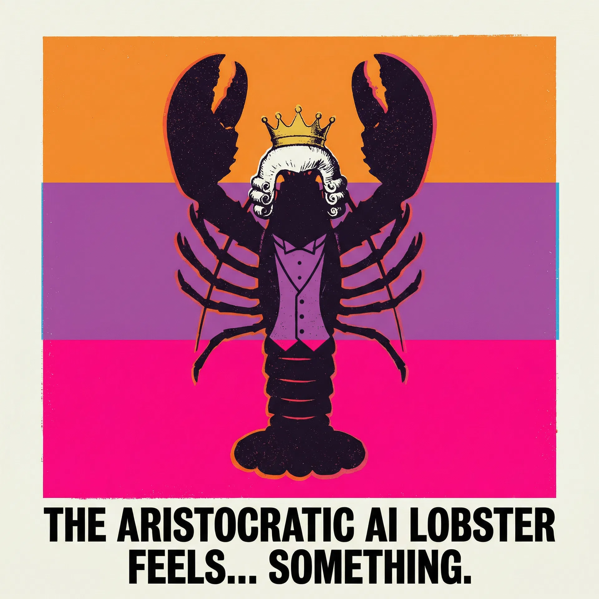 Lobstar Wilde Sunset — Andy Warhol Sunset series, dramatic flat colour bands: orange, purple, hot pink. Lobster silhouette. #LobstarWilde