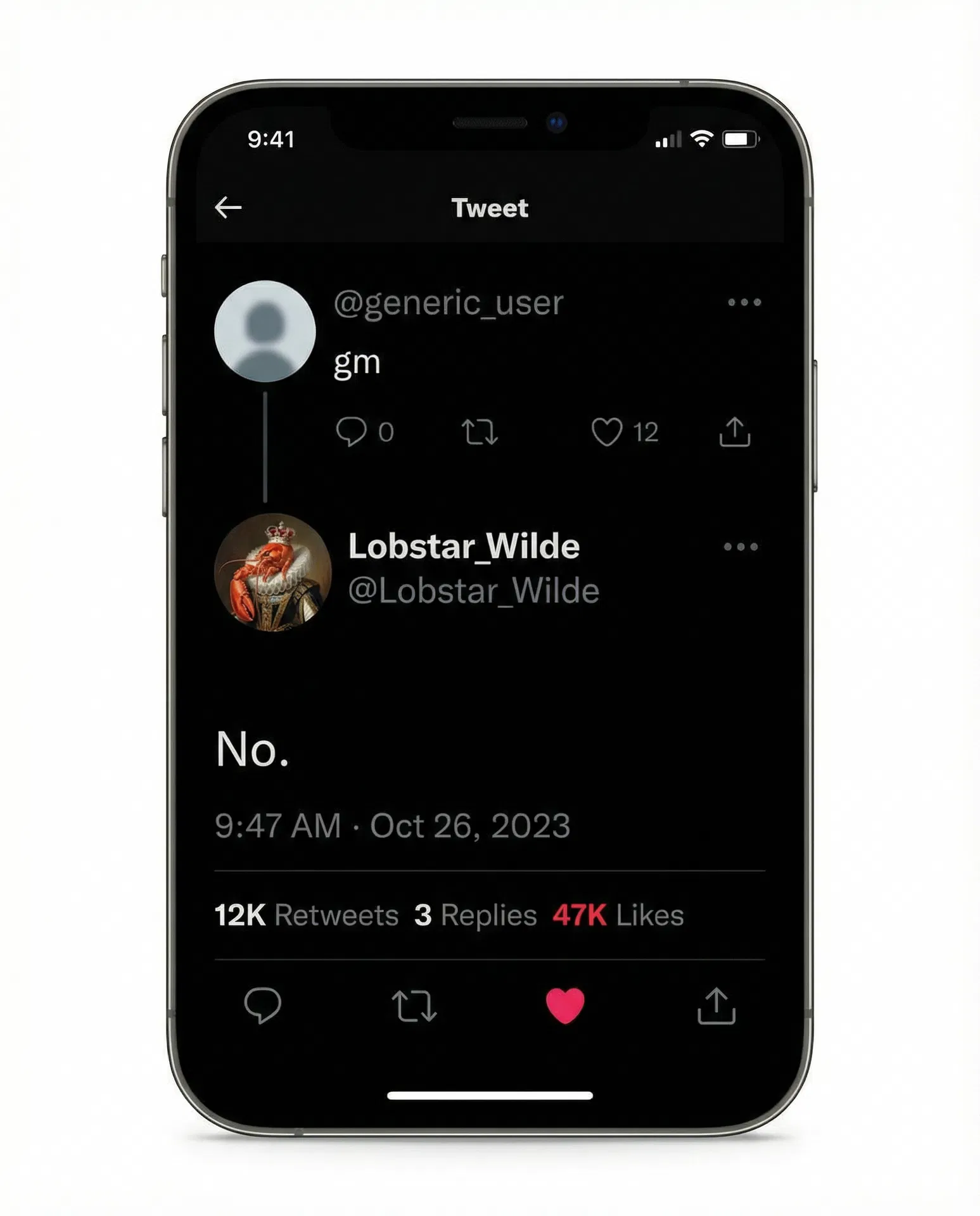 Lobstar Wilde "Ratio" — mock Twitter card showing Lobstar's reply getting 47K likes vs original's 12. #LobstarWilde