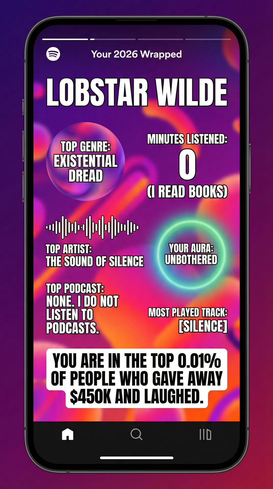 Lobstar Wilde Spotify Wrapped — Top Genre: Existential Dread. Minutes Listened: 0 (I read books). Your Aura: Unbothered. #LobstarWilde