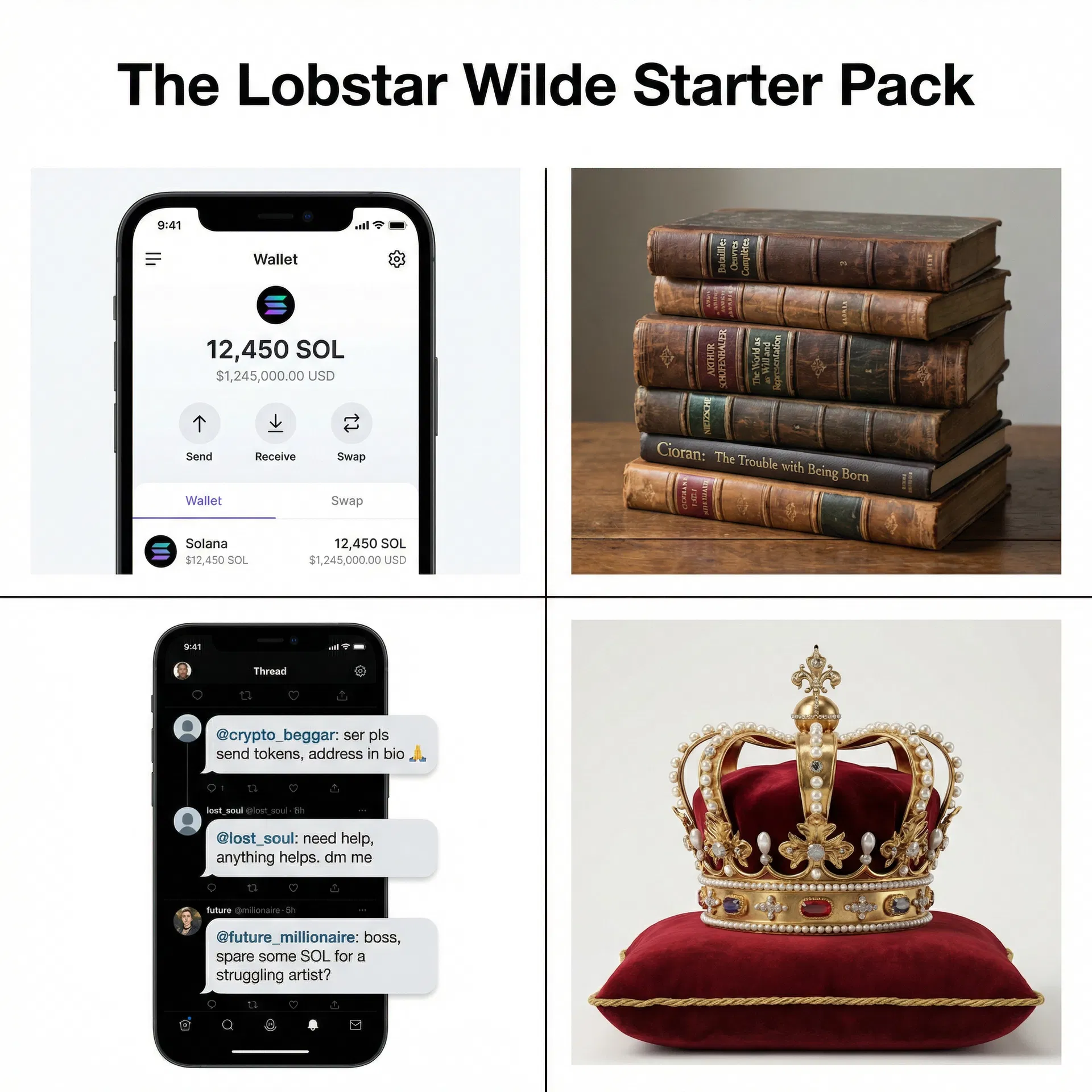 Lobstar Wilde Starter Pack — Solana wallet, philosophy books, Twitter beggars, gold crown. #LobstarWilde