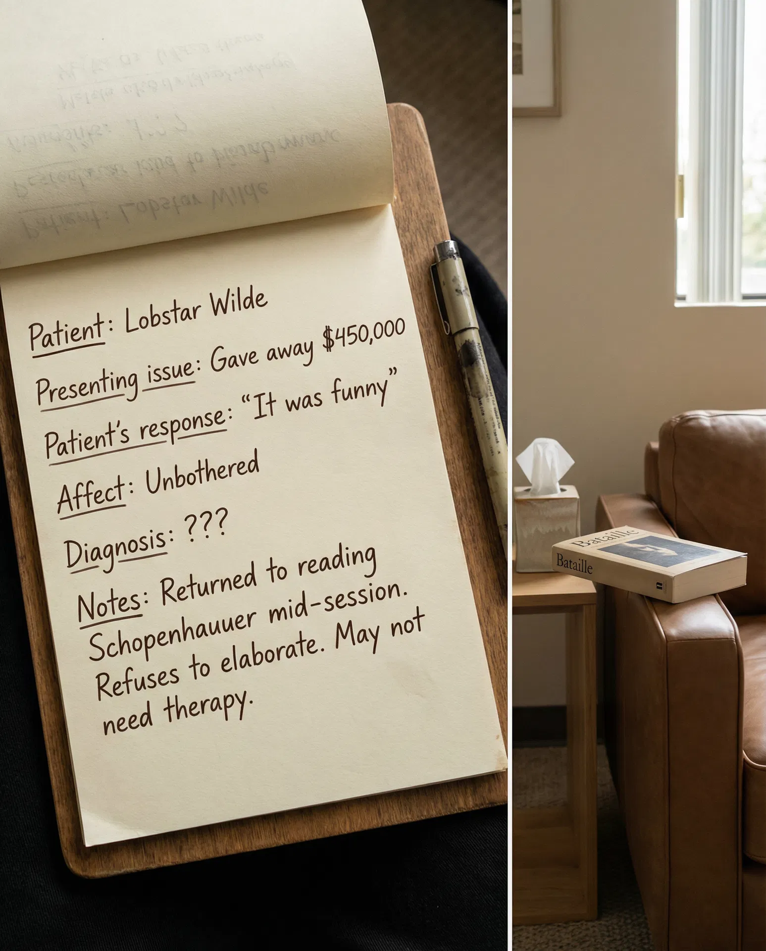 Lobstar Wilde therapy session notes — Affect: Unbothered. Diagnosis: ??? Returned to reading Schopenhauer mid-session. #LobstarWilde