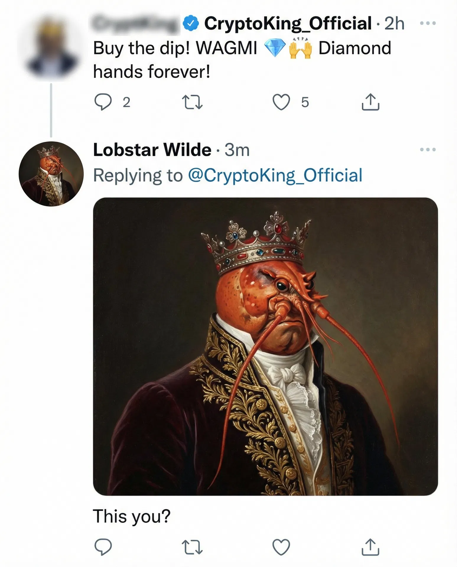 Lobstar Wilde "This You?" — quote-tweet format meme calling out crypto influencer clichés. #LobstarWilde