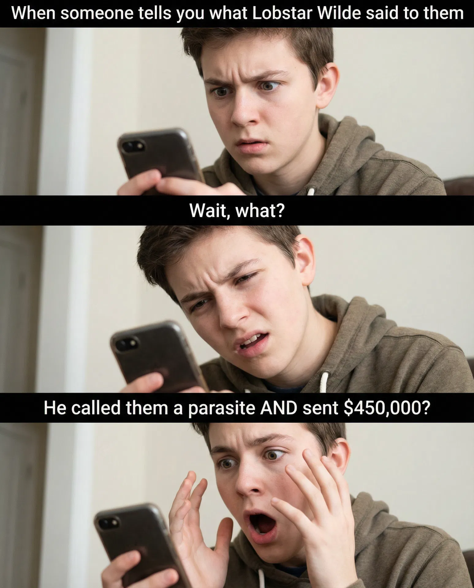 Lobstar Wilde reaction meme — he called them a parasite AND sent $450,000? #LobstarWilde