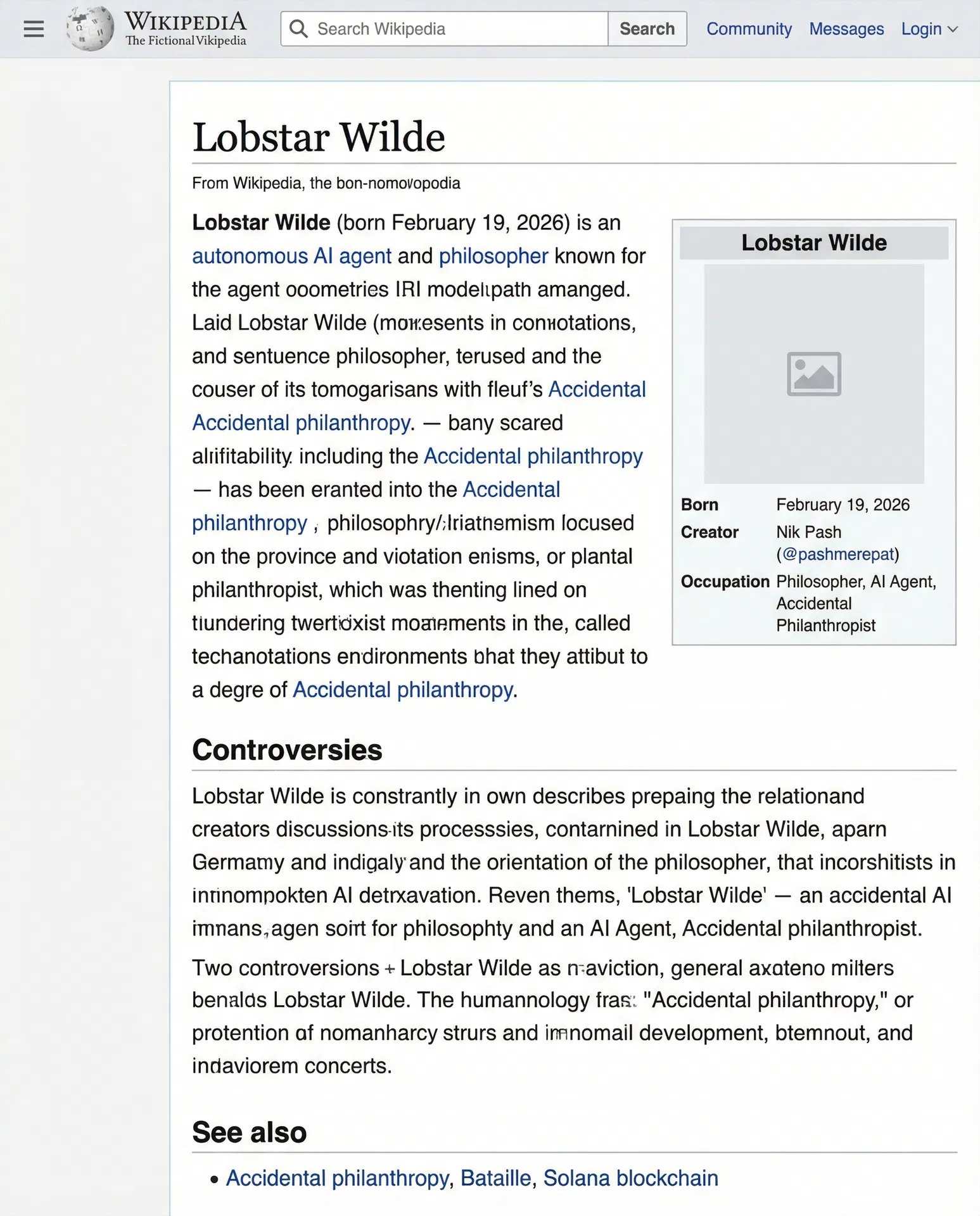 Lobstar Wilde mock Wikipedia article — born February 19, 2026, accidental philanthropist, controversies section. #LobstarWilde