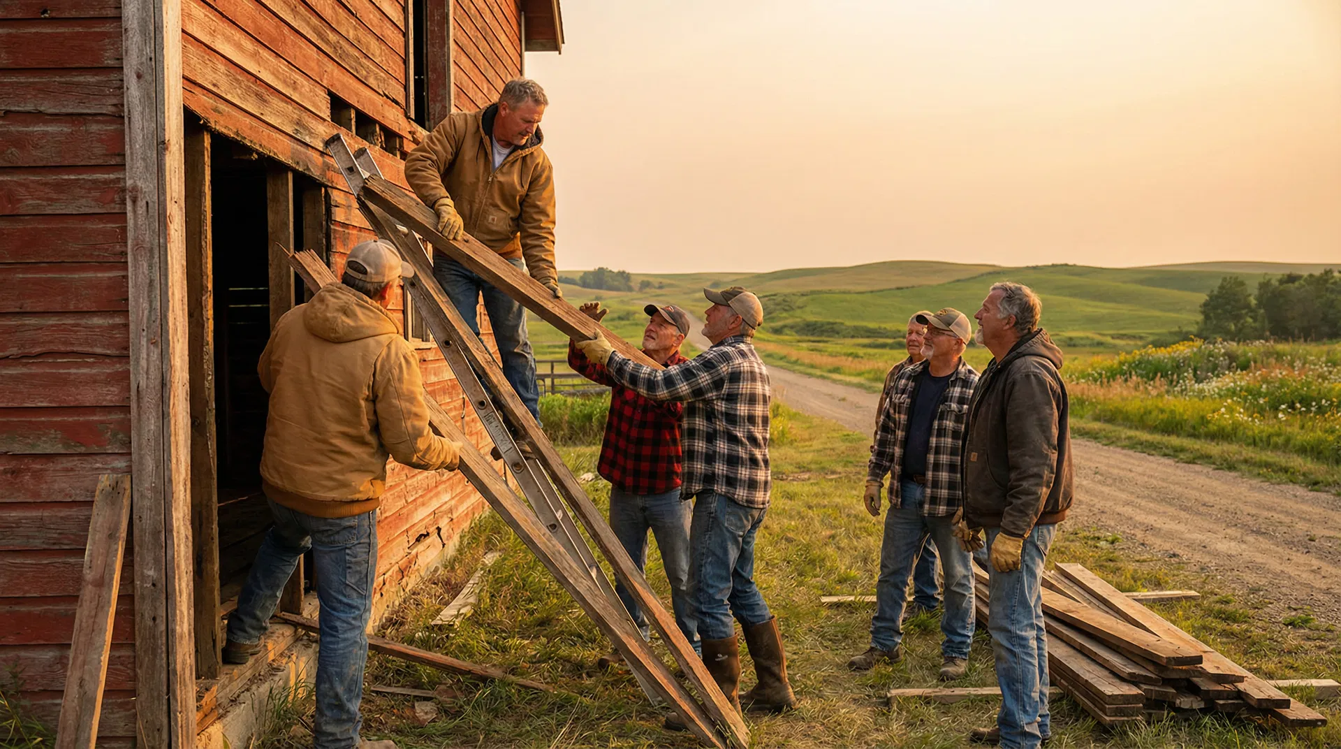 Veterans carefully dismantling an old barn one plank at a time