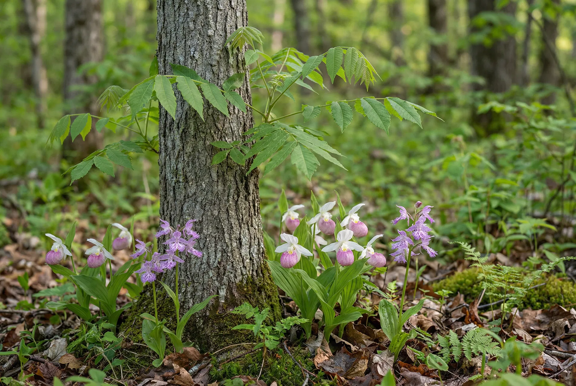 Butternut tree with native orchids at its base
