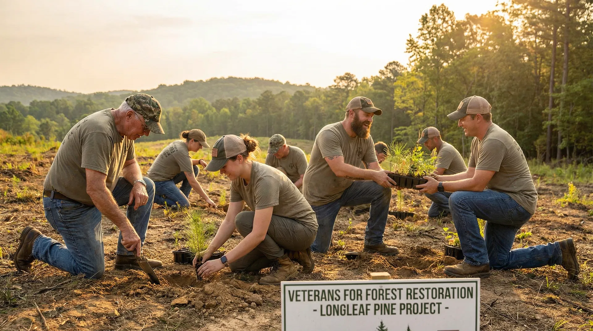 Veterans planting longleaf pine seedlings