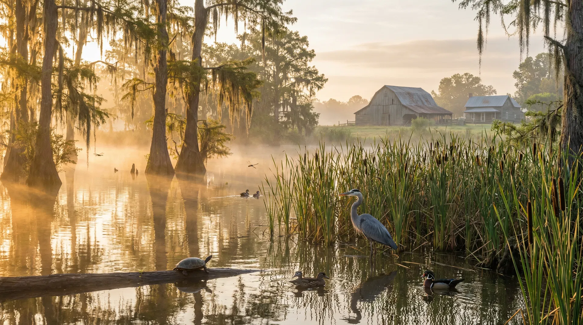 Restored wetland sanctuary with herons and wood ducks