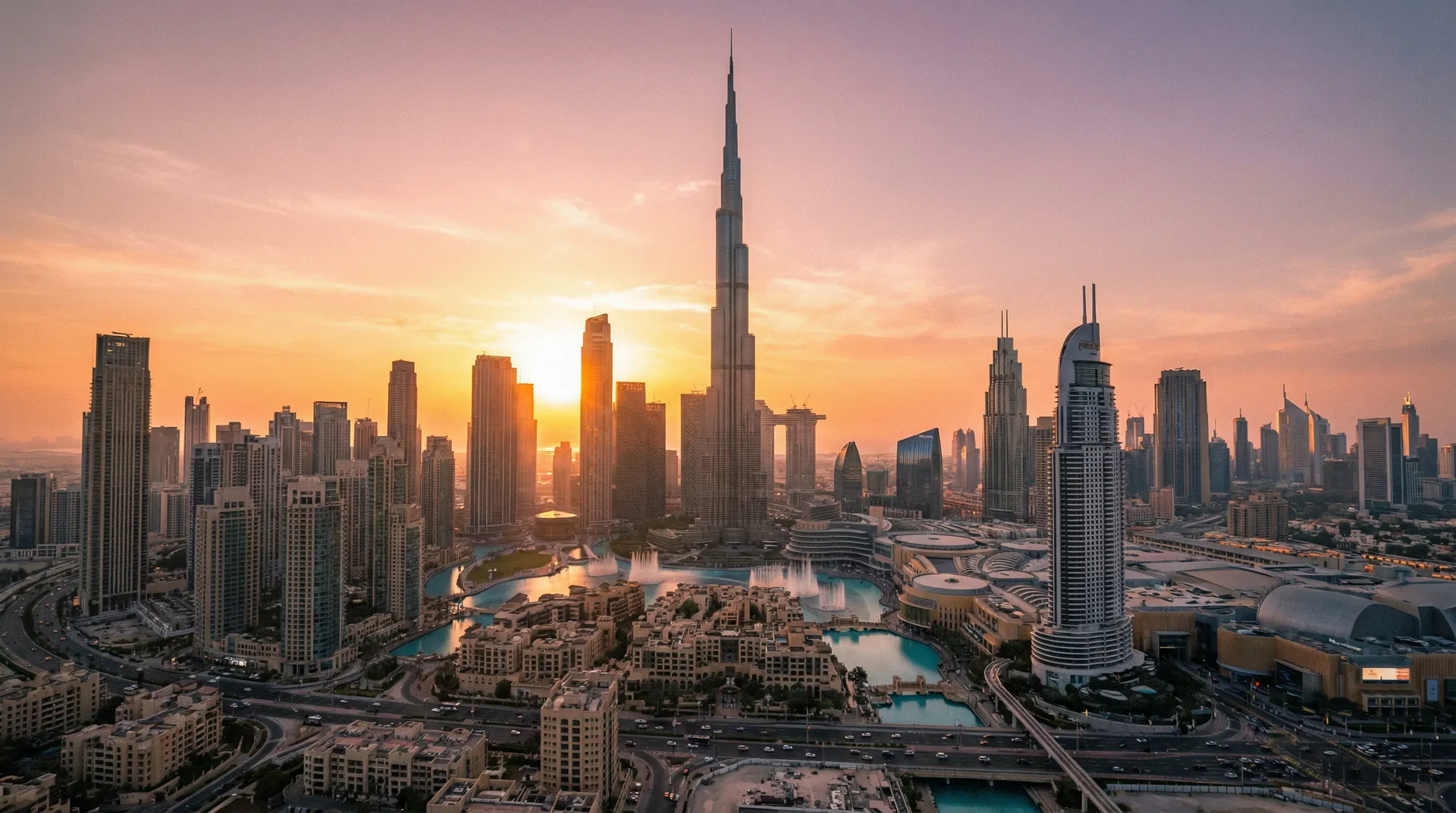 Skyline de Dubai al atardecer