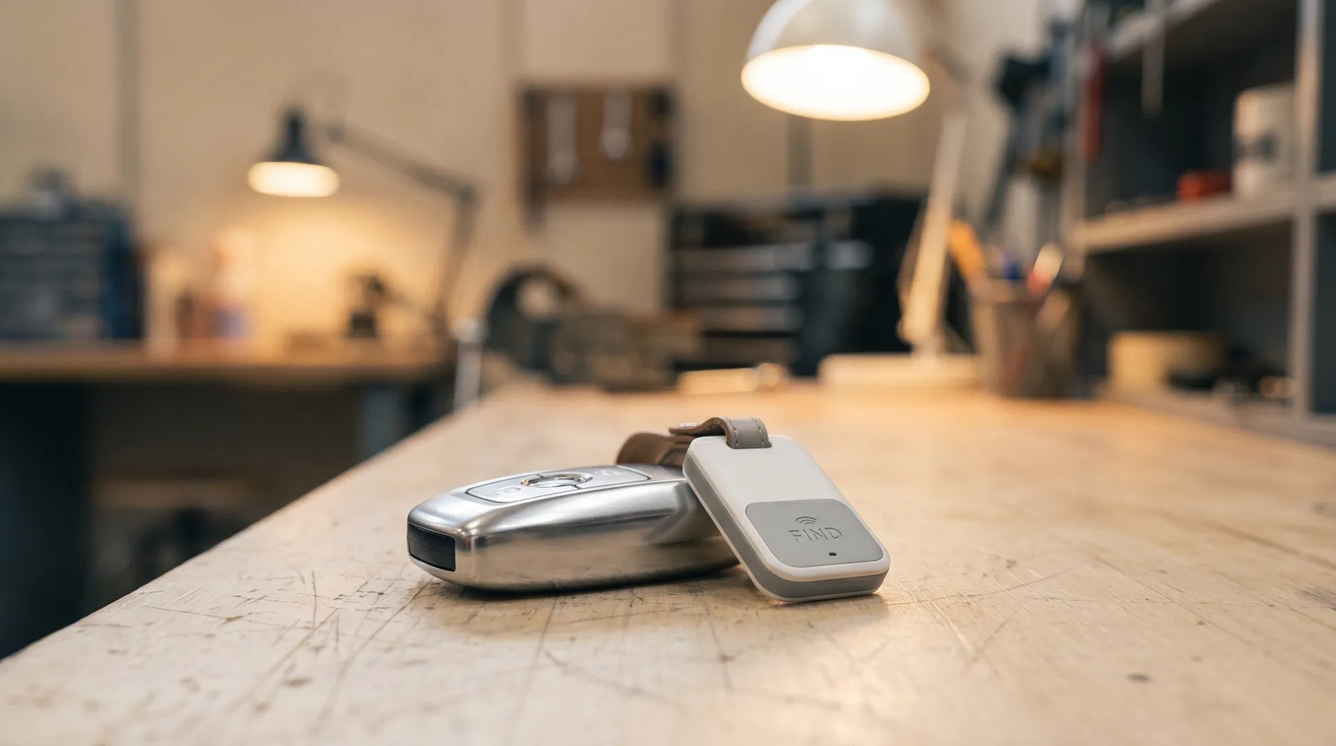 Nøkkel med Locate IT sporings-tag på verkstedbenk