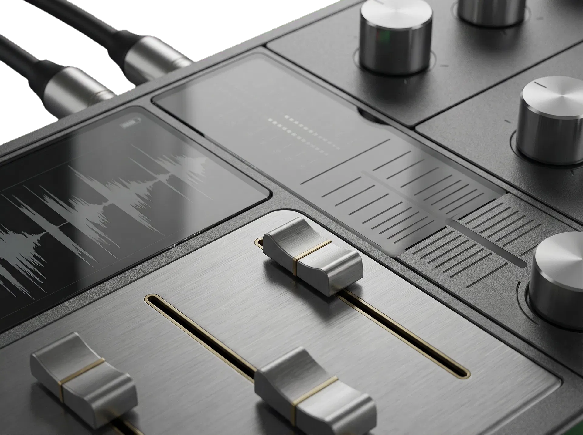 Macro view of a refined audio console with waveform displays and metal faders