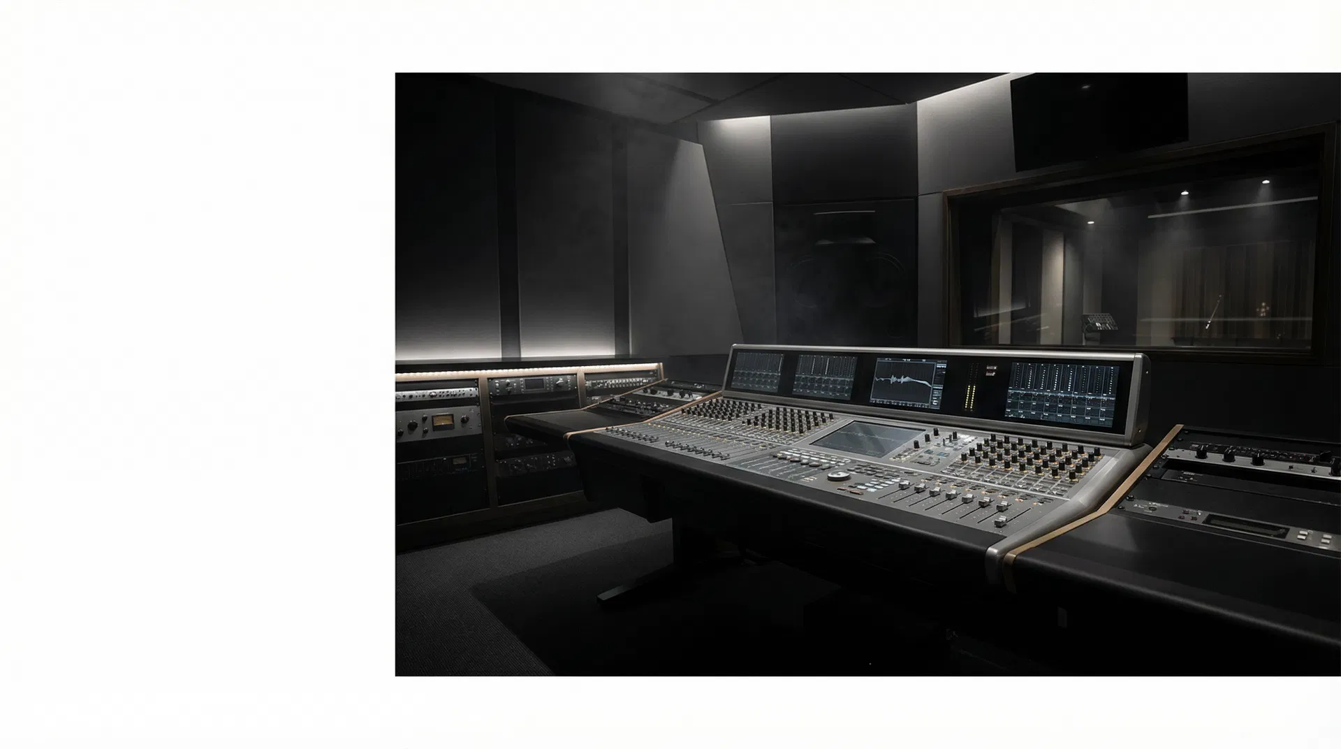 High-end recording studio control room with a mixing console and waveform displays