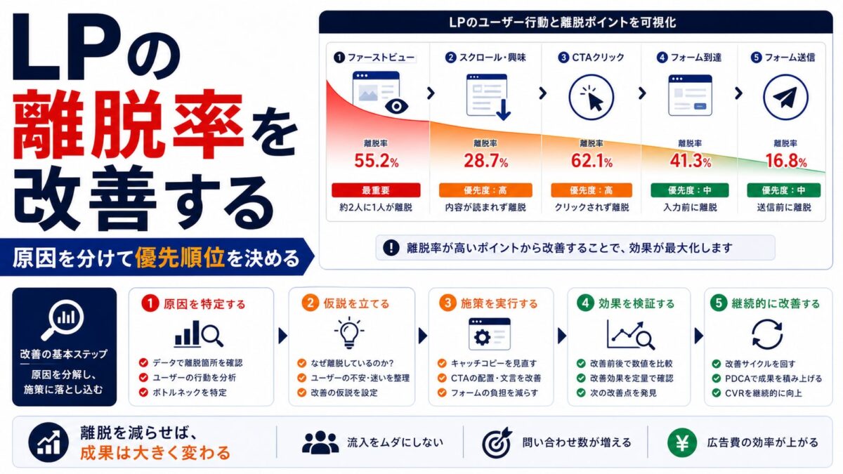 LPの離脱率を改善する方法｜原因の見つけ方と優先順位の付け方