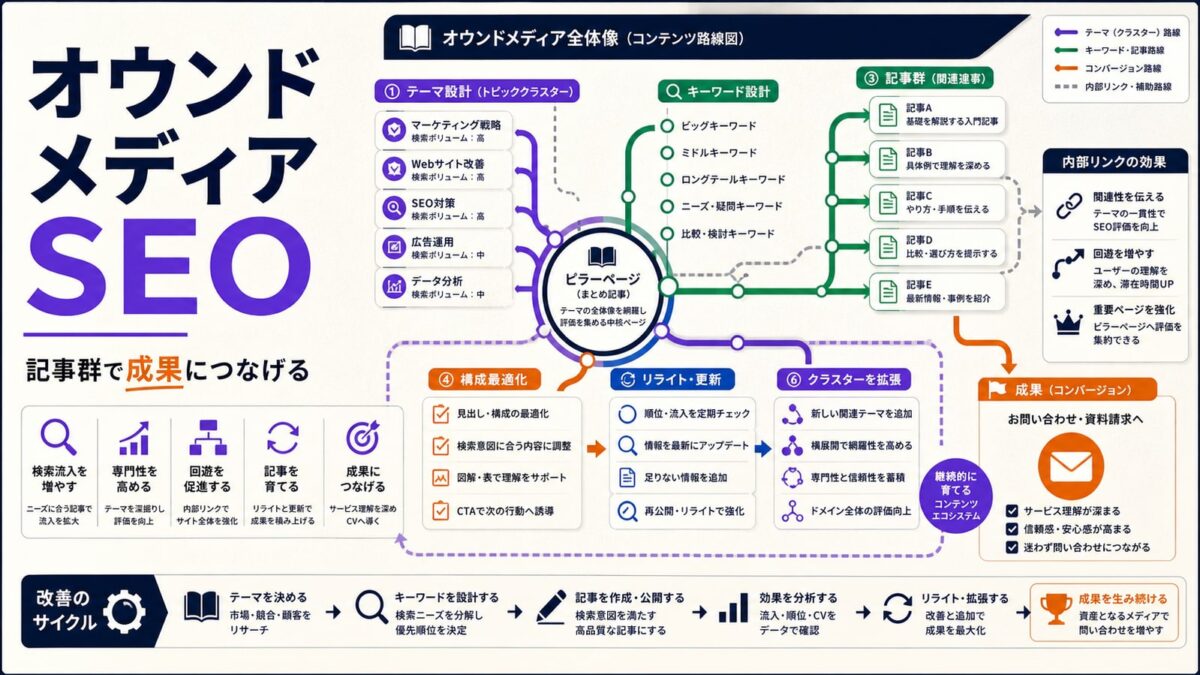 オウンドメディアSEOの始め方｜キーワード設計から記事改善まで解説