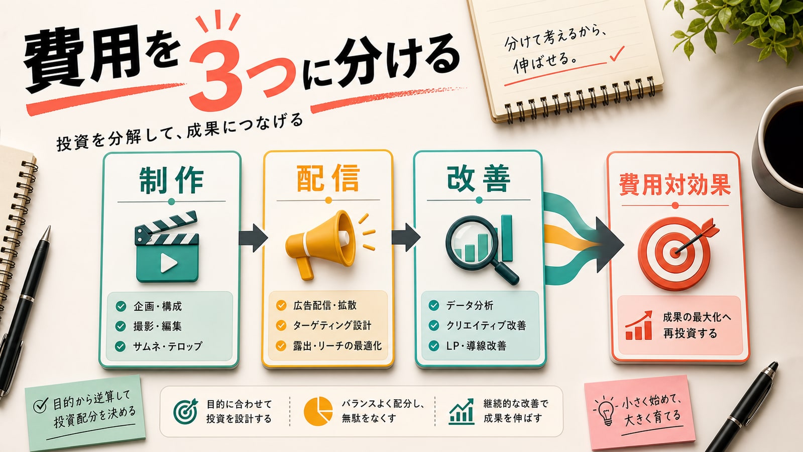 費用は「制作」と「配信」と「改善」に分ける