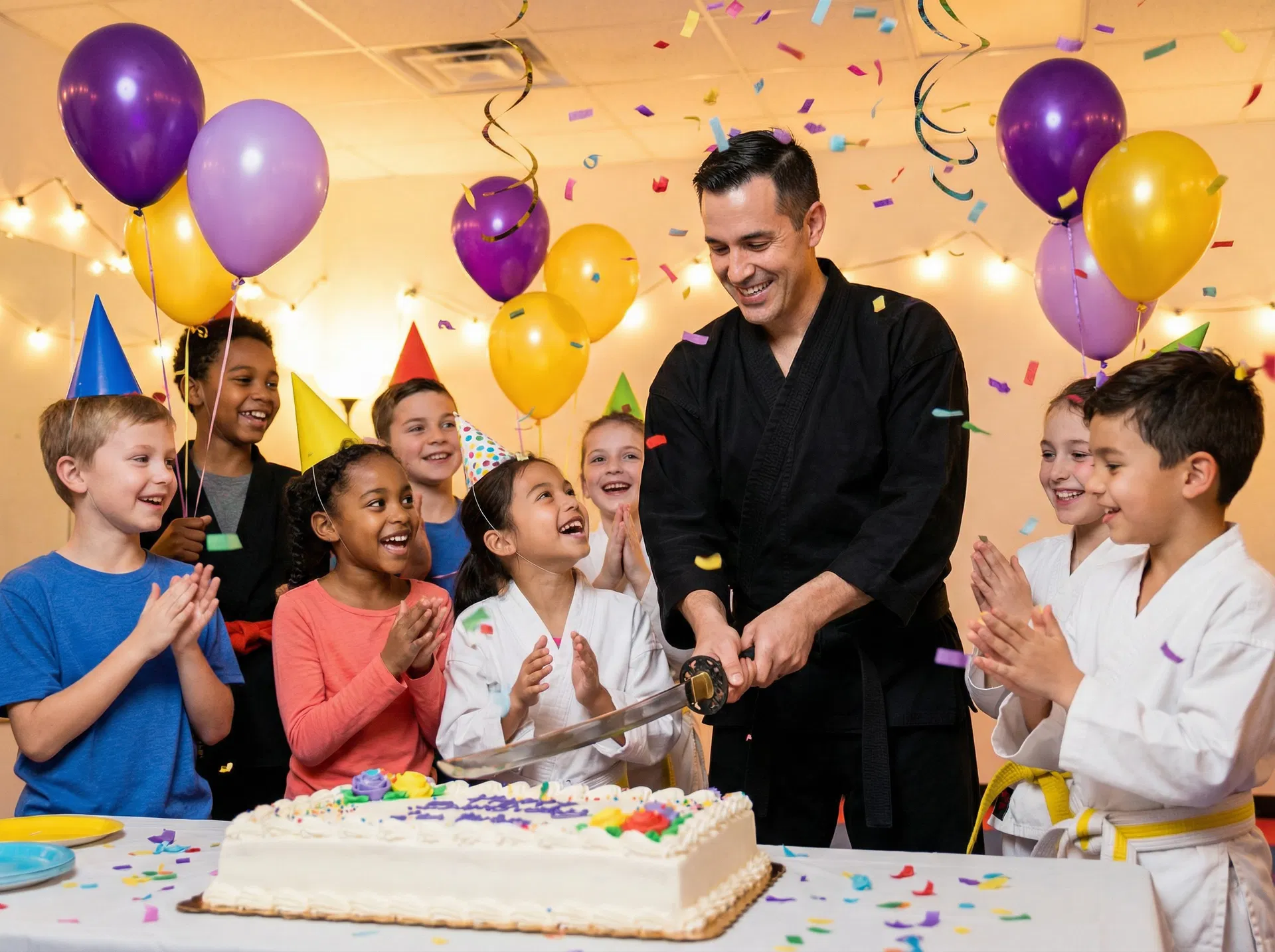 Samurai sword cake cutting at a kids birthday party